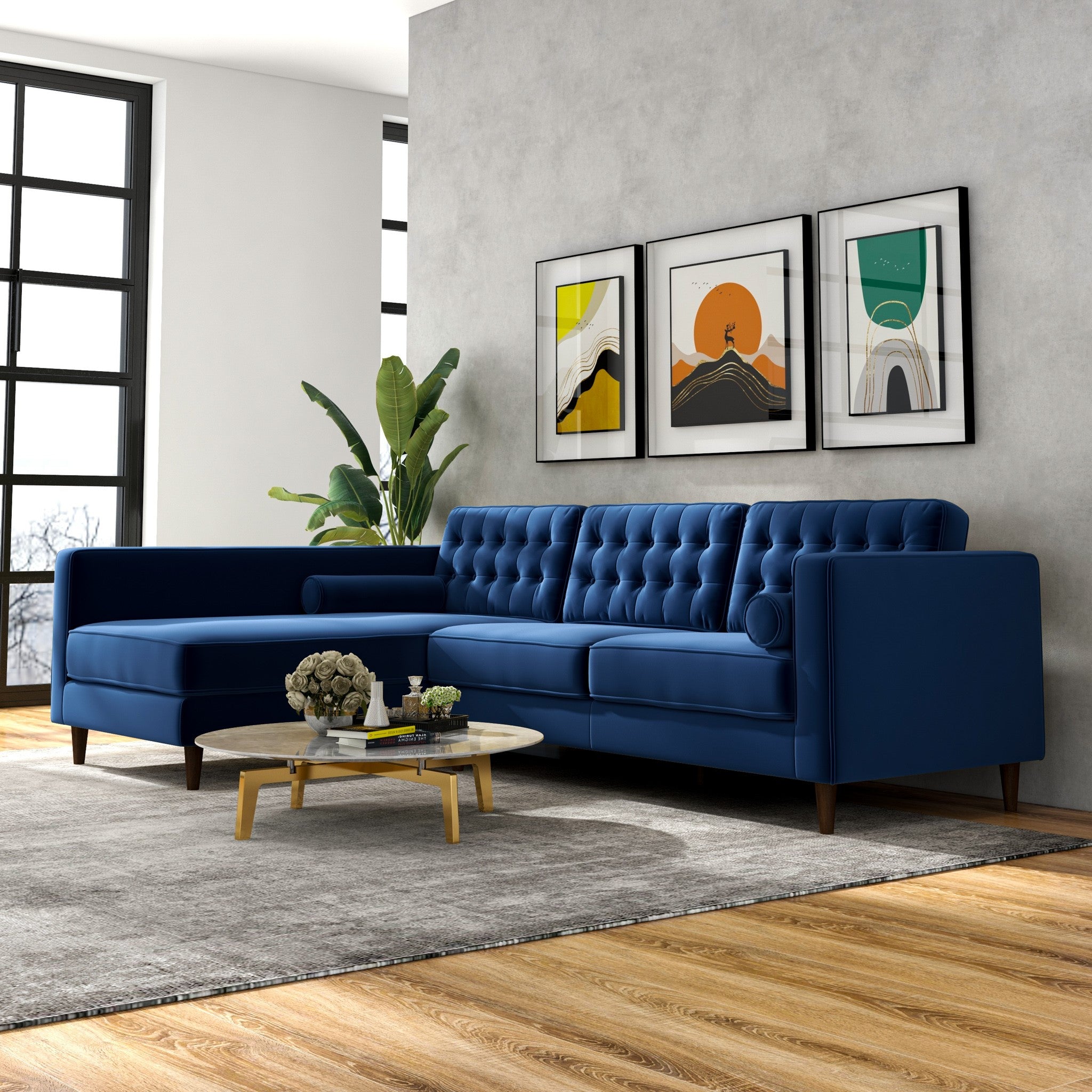 Olson Midnight Blue Velvet Sectional Sofa Left Chaise - MidinMod