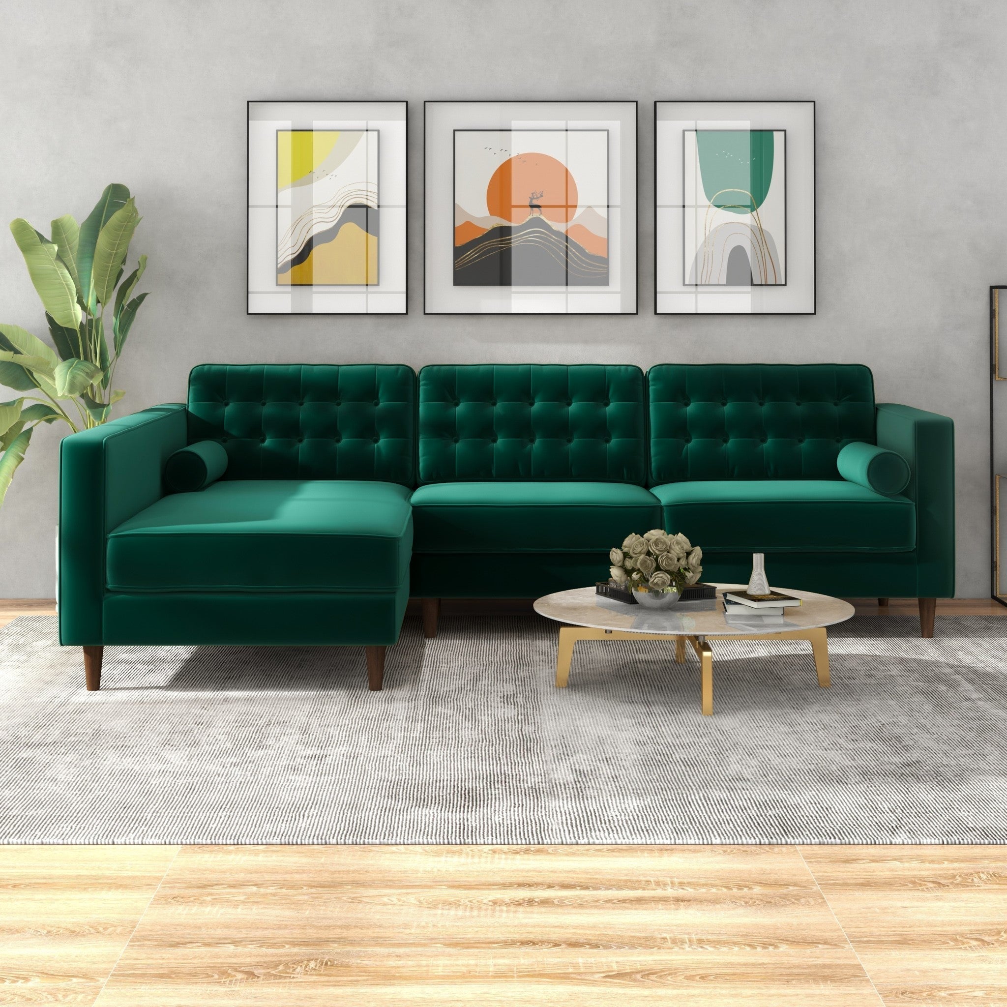 Olson Green Velvet Sectional Sofa Left Chaise - MidinMod