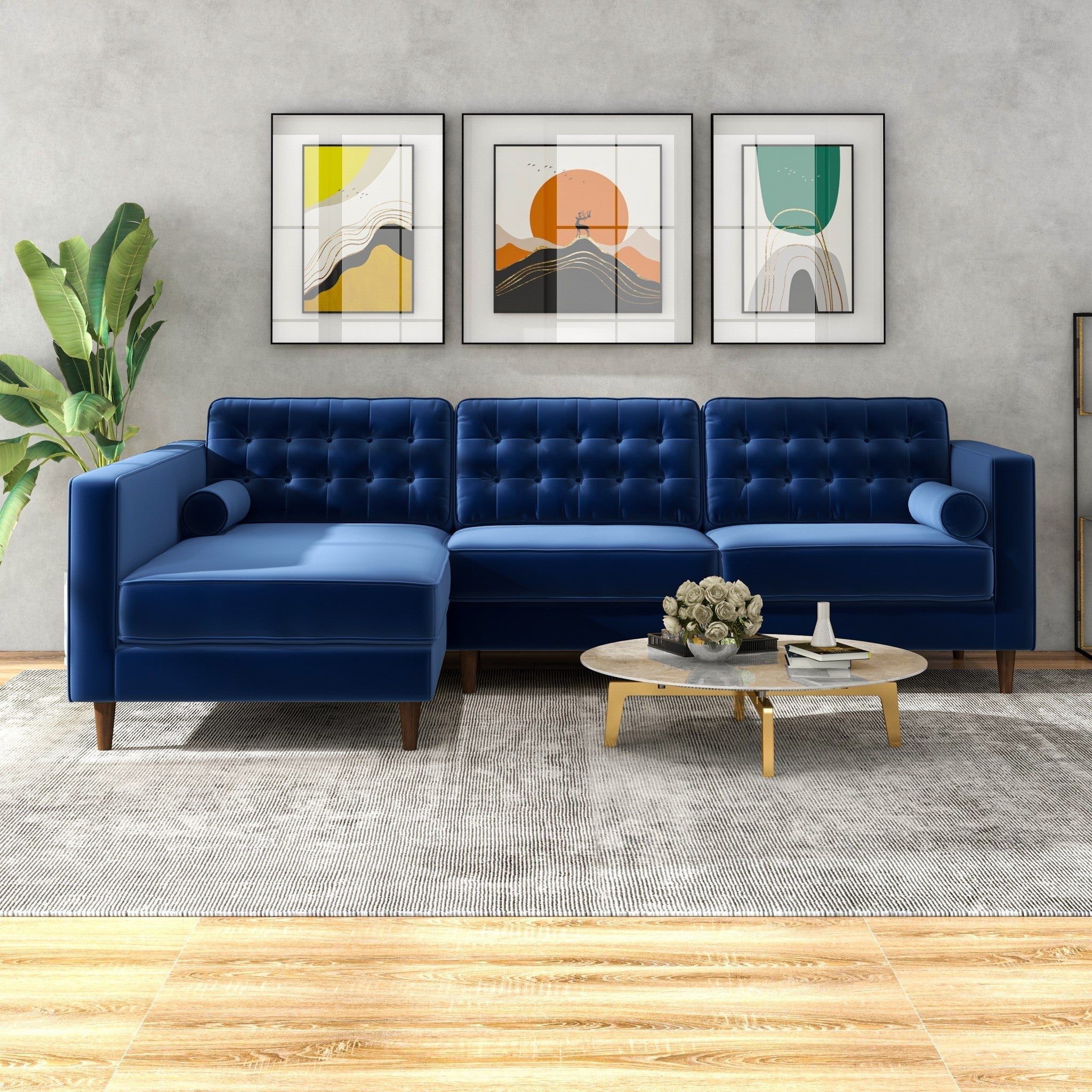 Olson Midnight Blue Velvet Sectional Sofa Left Chaise - MidinMod