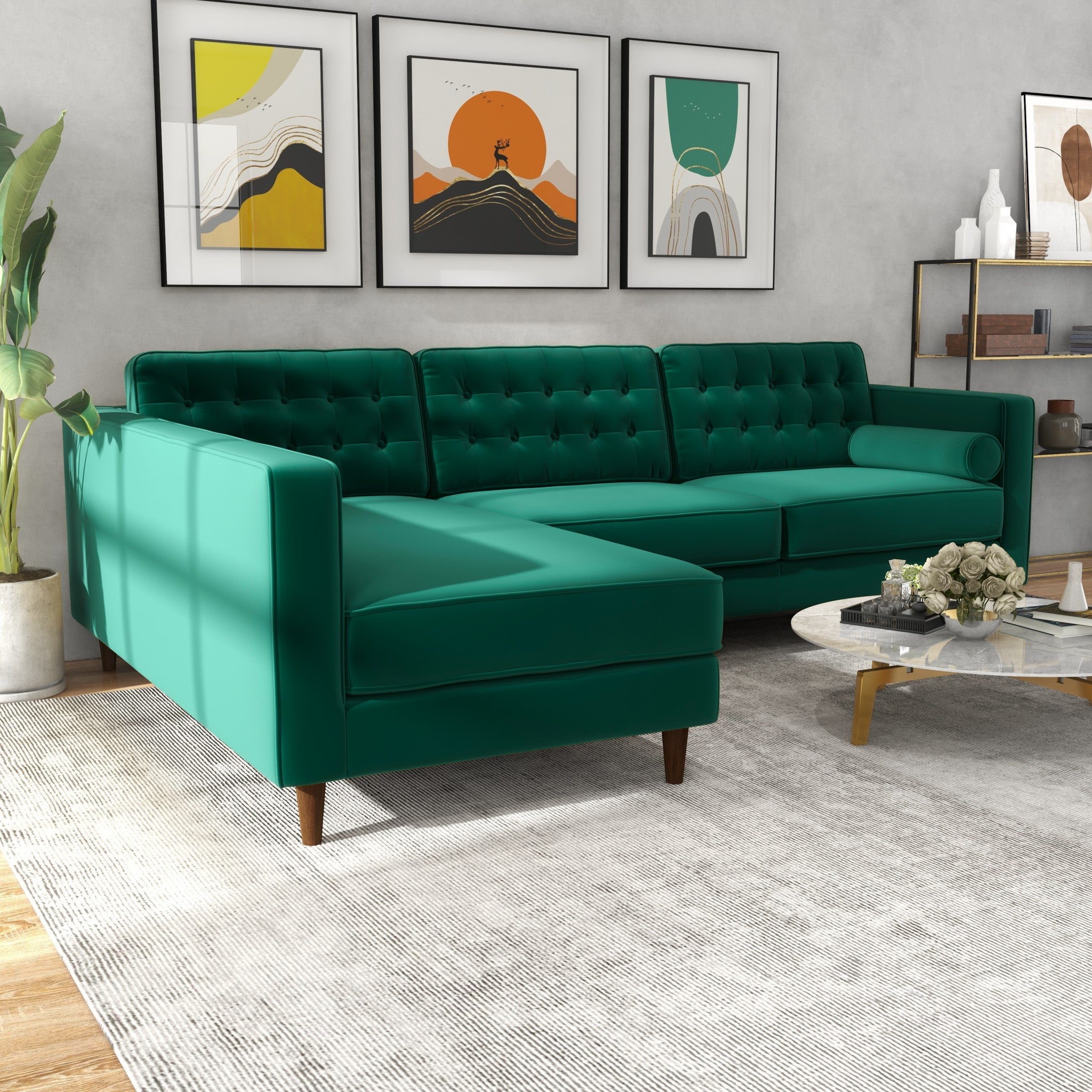 Olson Green Velvet Sectional Sofa Left Chaise - MidinMod