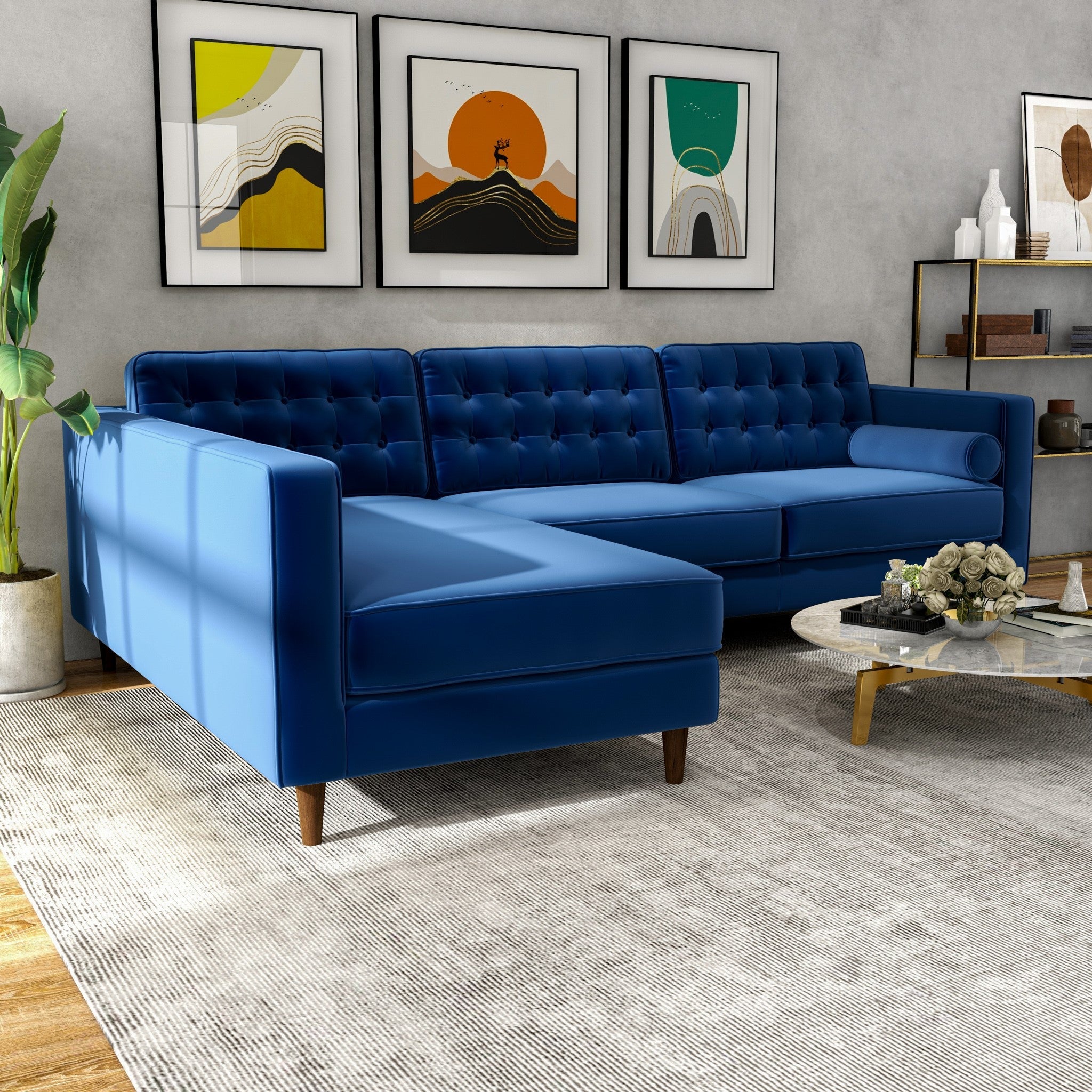 Olson Midnight Blue Velvet Sectional Sofa Left Chaise - MidinMod