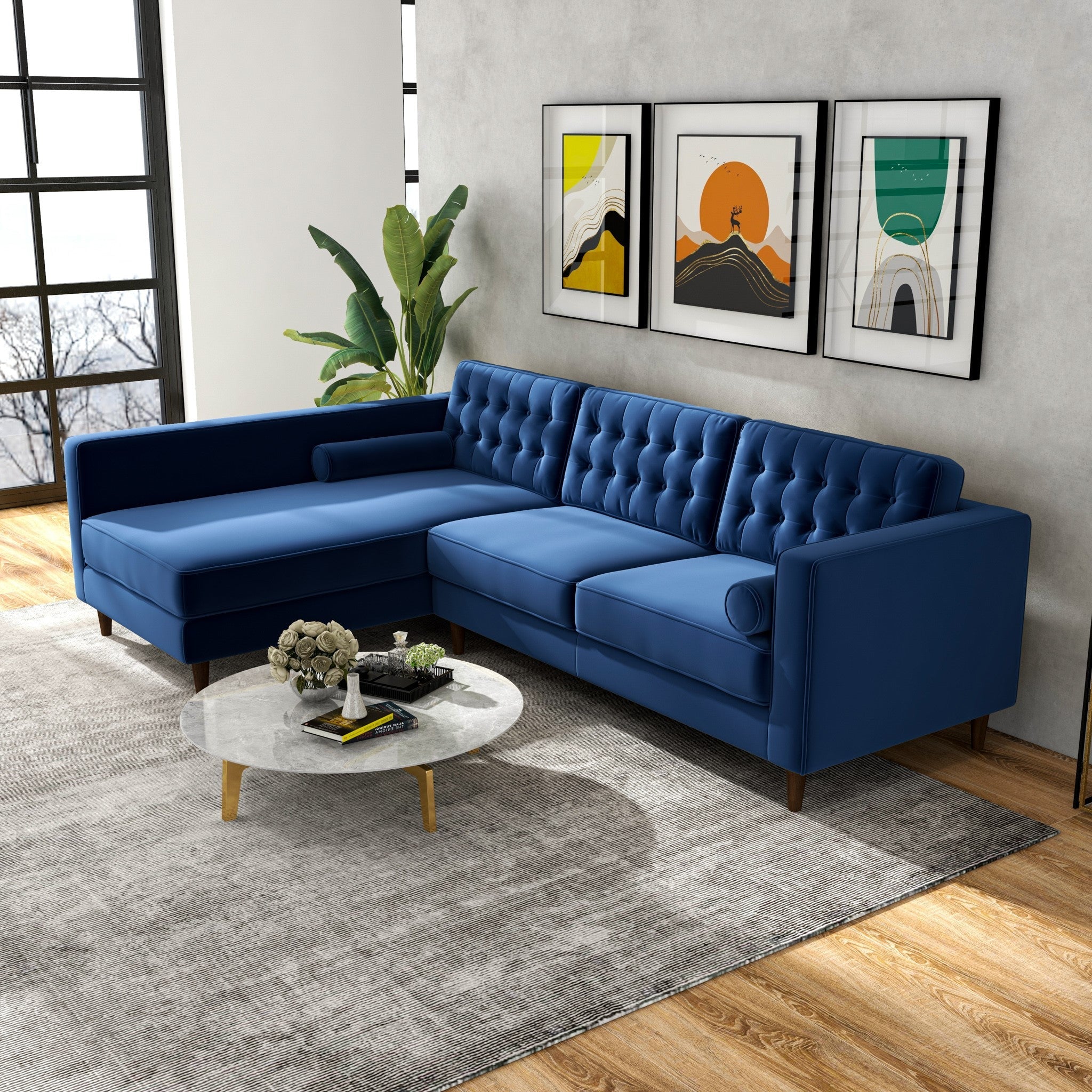 Olson Midnight Blue Velvet Sectional Sofa Left Chaise - MidinMod