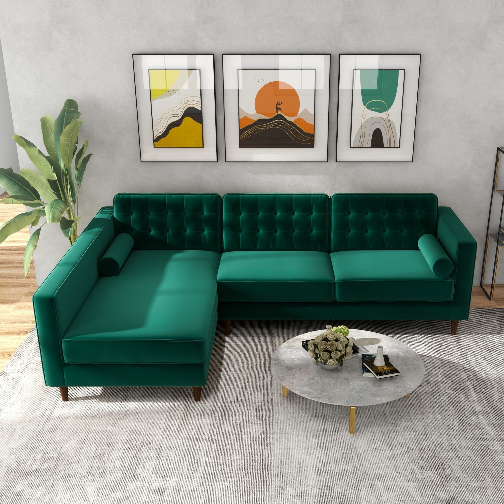 Olson Green Velvet Sectional Sofa Left Chaise - MidinMod