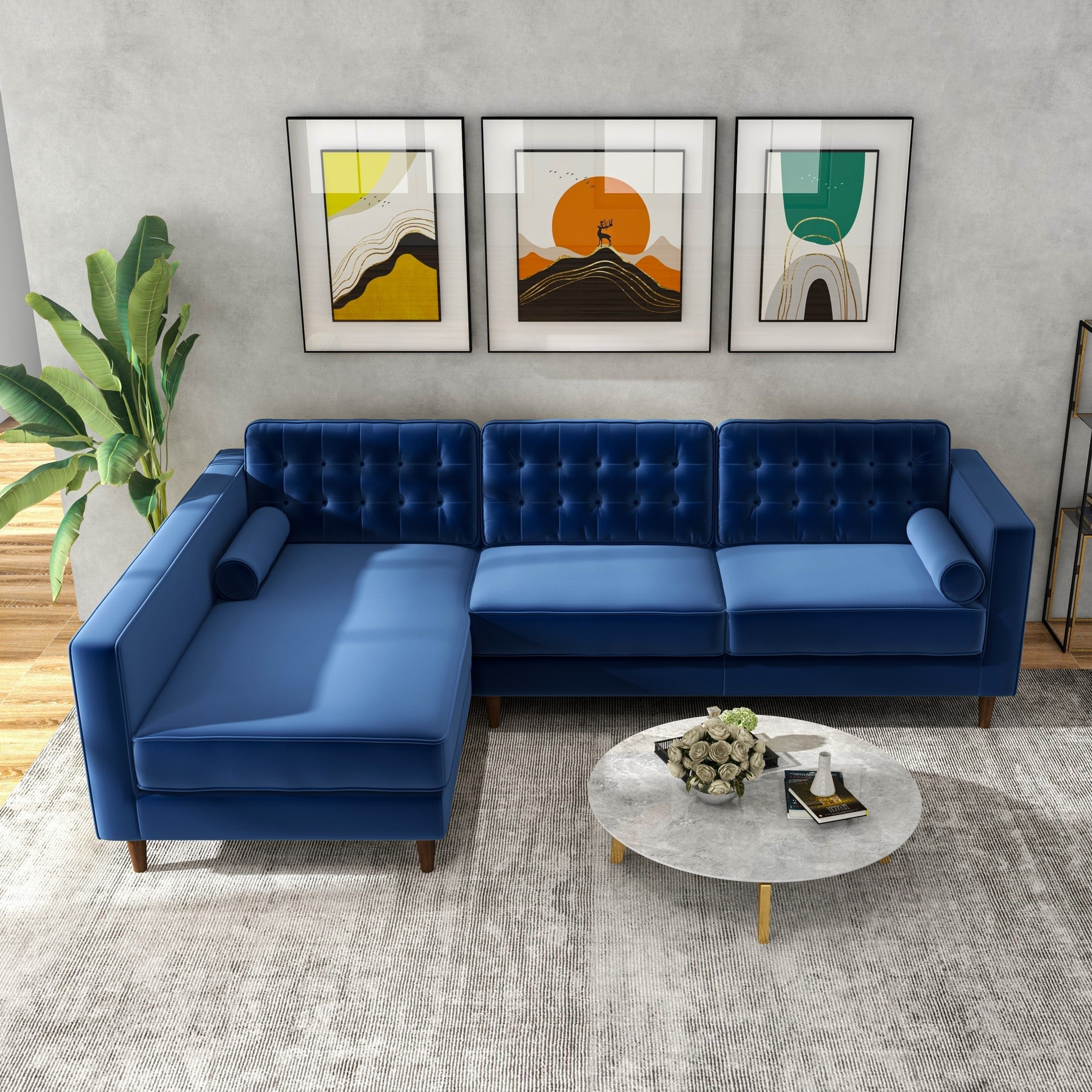 Olson Midnight Blue Velvet Sectional Sofa Left Chaise - MidinMod