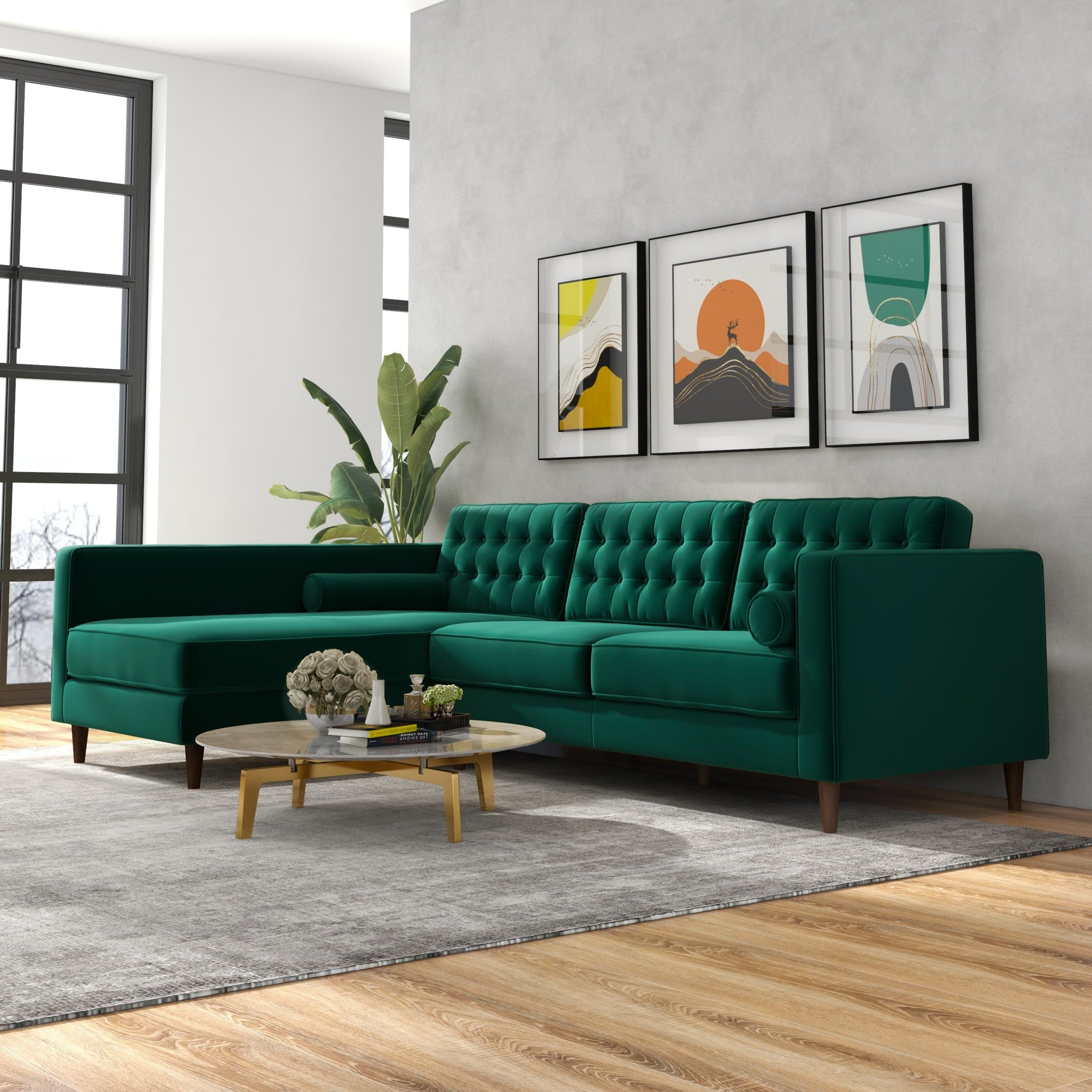 Olson Green Velvet Sectional Sofa Left Chaise - MidinMod