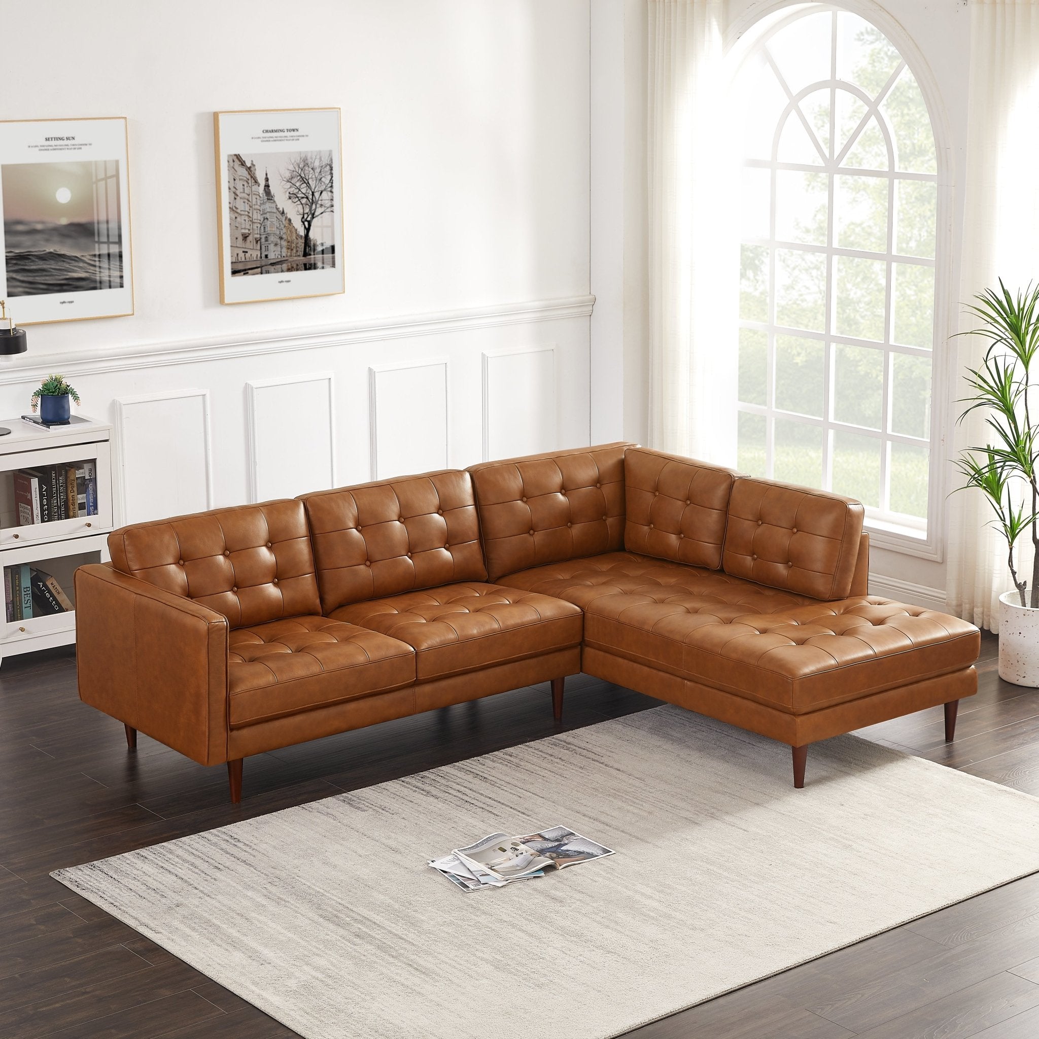 Lugano L-Shaped Genuine Leather Right-Facing Sectional Sofa Cognac - MidinMod