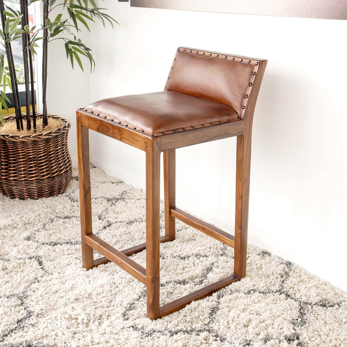 Ataya Tan Genuine Leather Counter Stool with Solid Wood Legs | MidinMod