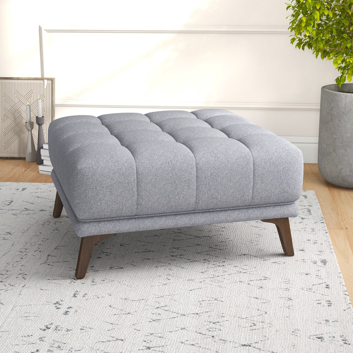 Kano Light Gray Fabric Ottoman with Walnut Wood Legs | MidinMod