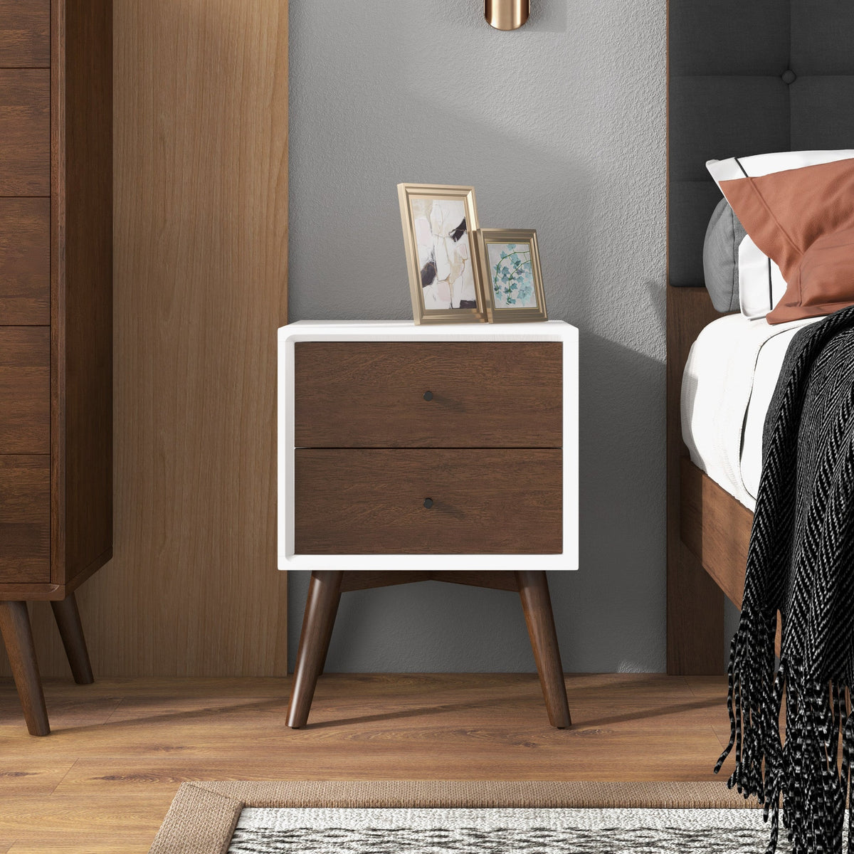 Noak White Walnut Mid Century Modern Style Night Stand - MidinMod