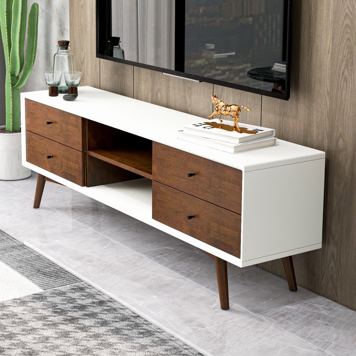 Noak Mid Century Modern Style White TV Stand - MidinMod