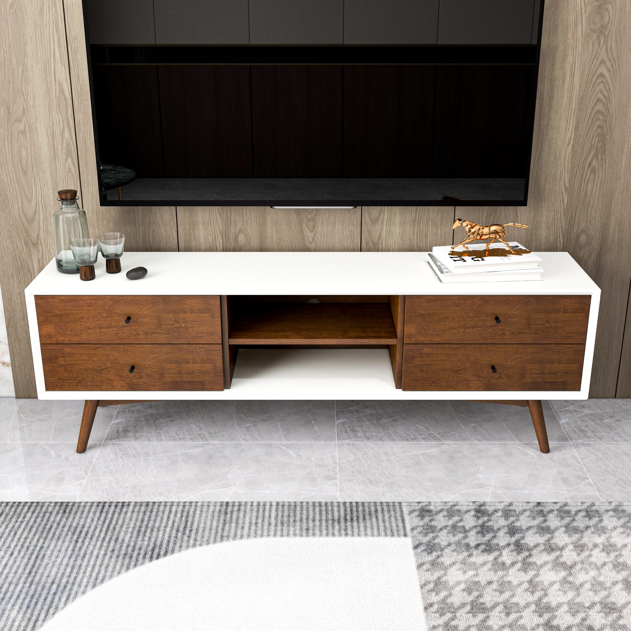 Noak Mid Century Modern Style White TV Stand - MidinMod