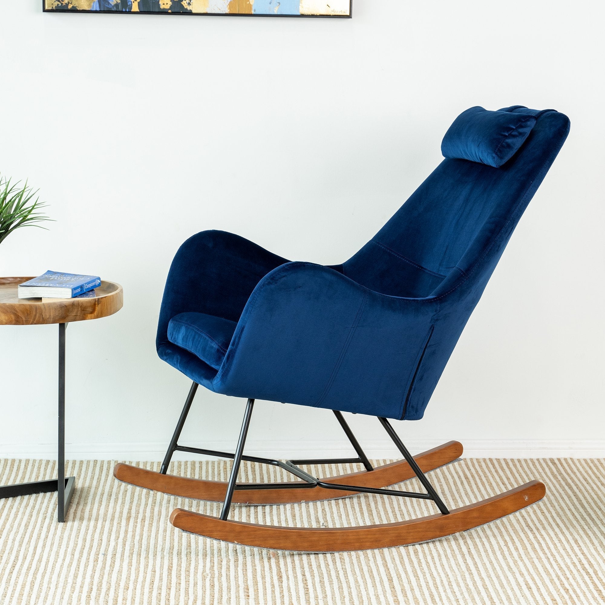 Rumi Blue Velvet Fabric Rocking Chair - MidinMod