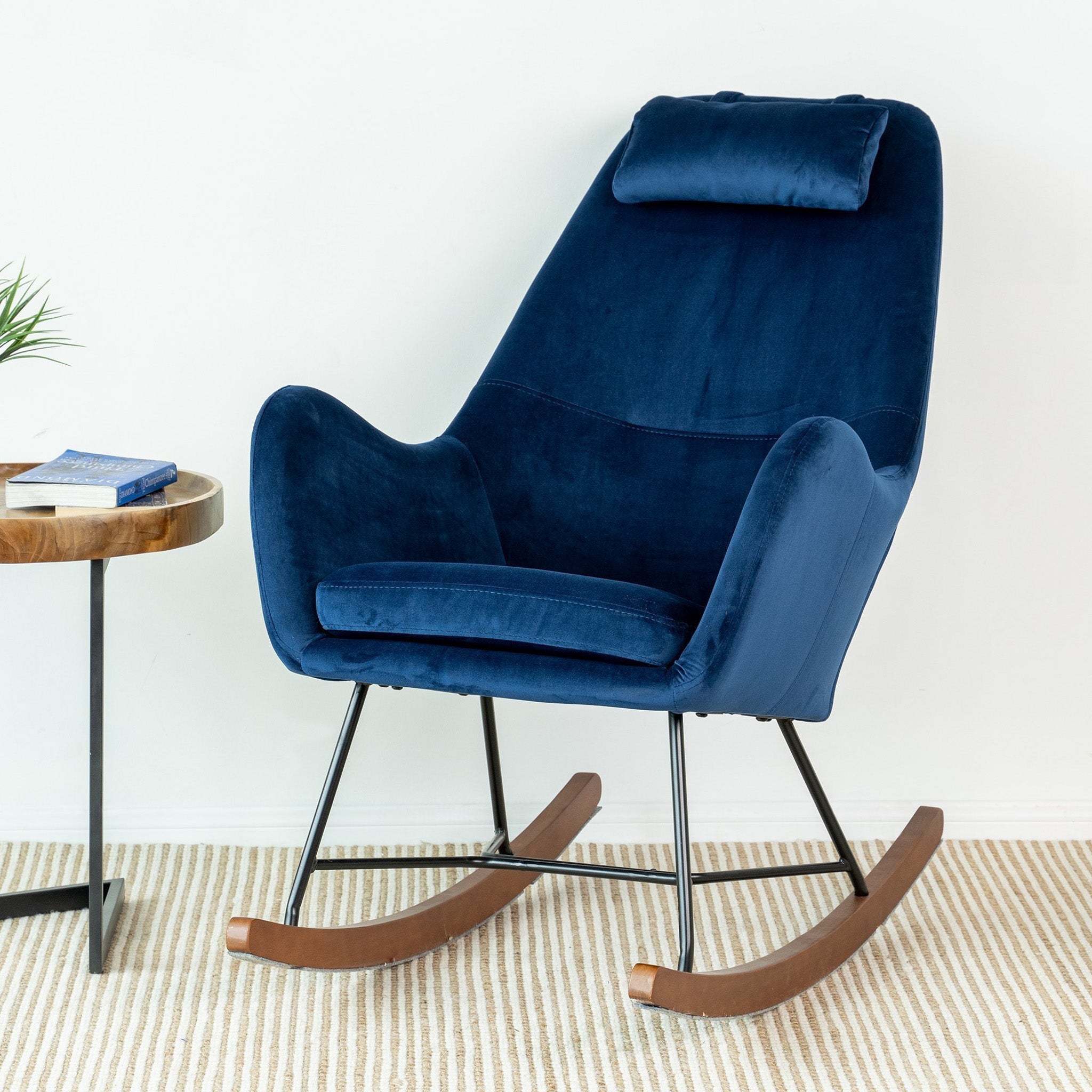 Rumi Blue Velvet Fabric Rocking Chair - MidinMod