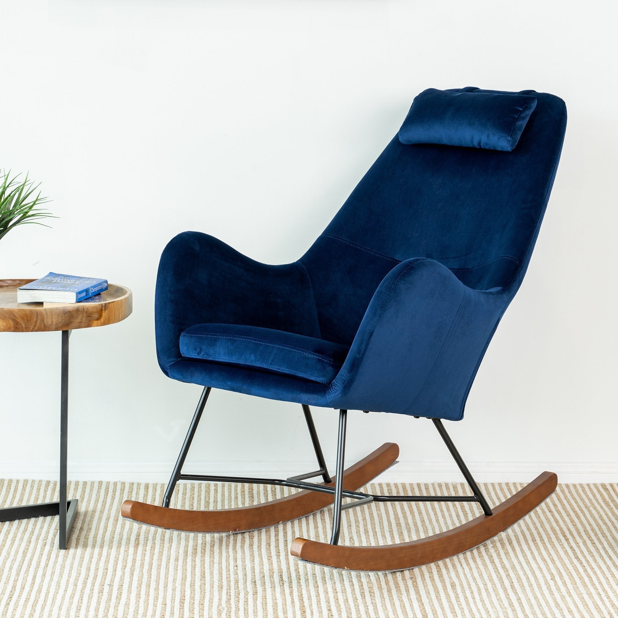 Rumi Blue Velvet Fabric Rocking Chair - MidinMod