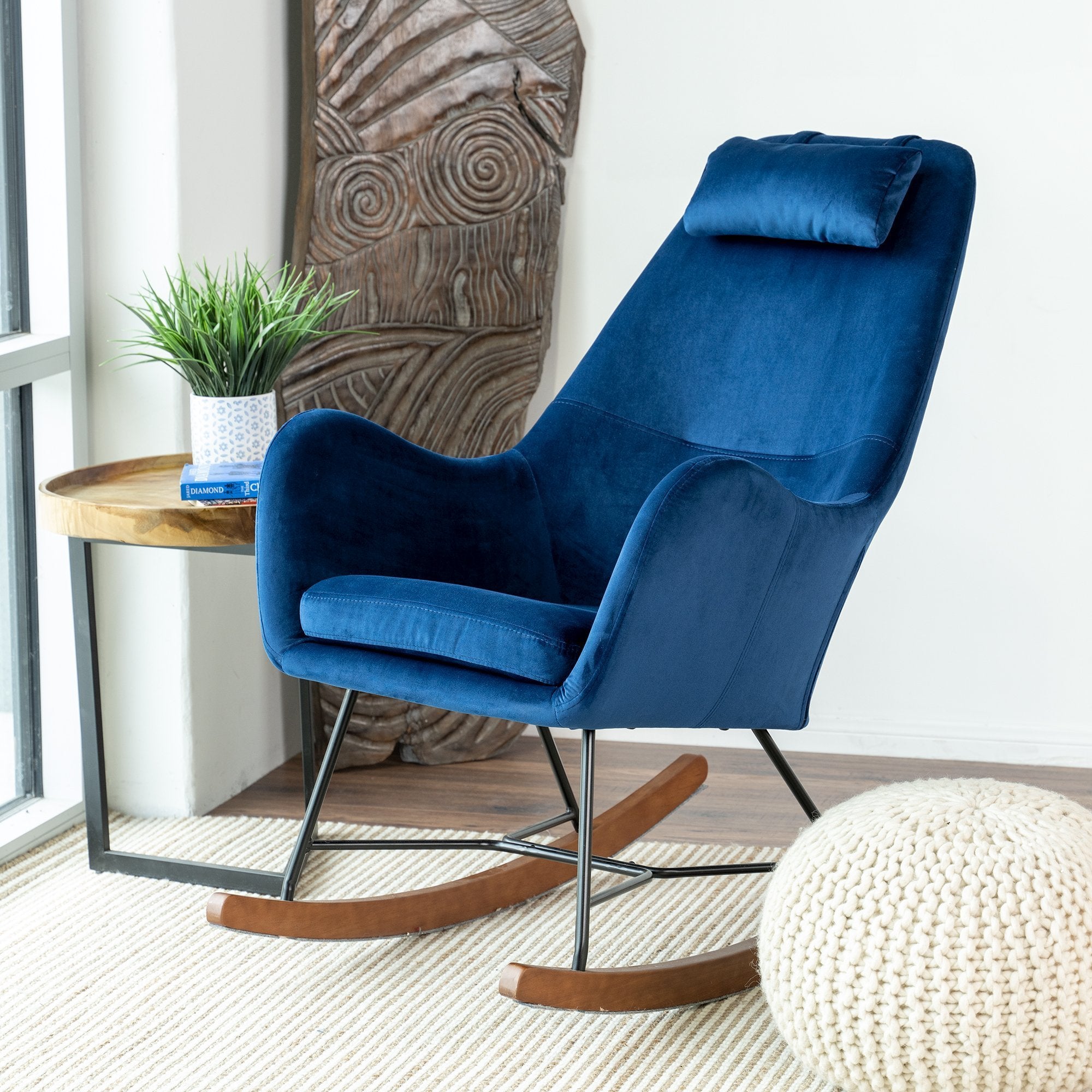 Rumi Blue Velvet Fabric Rocking Chair - MidinMod
