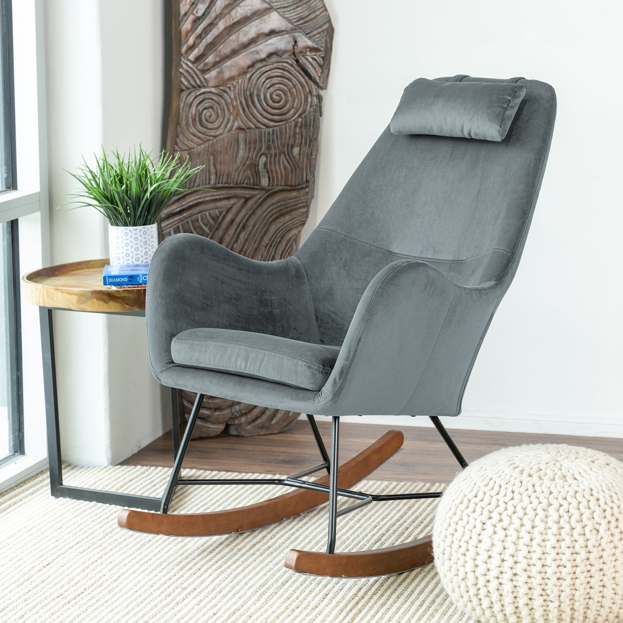Rumi Gray Velvet Fabric Rocking Chair - MidinMod