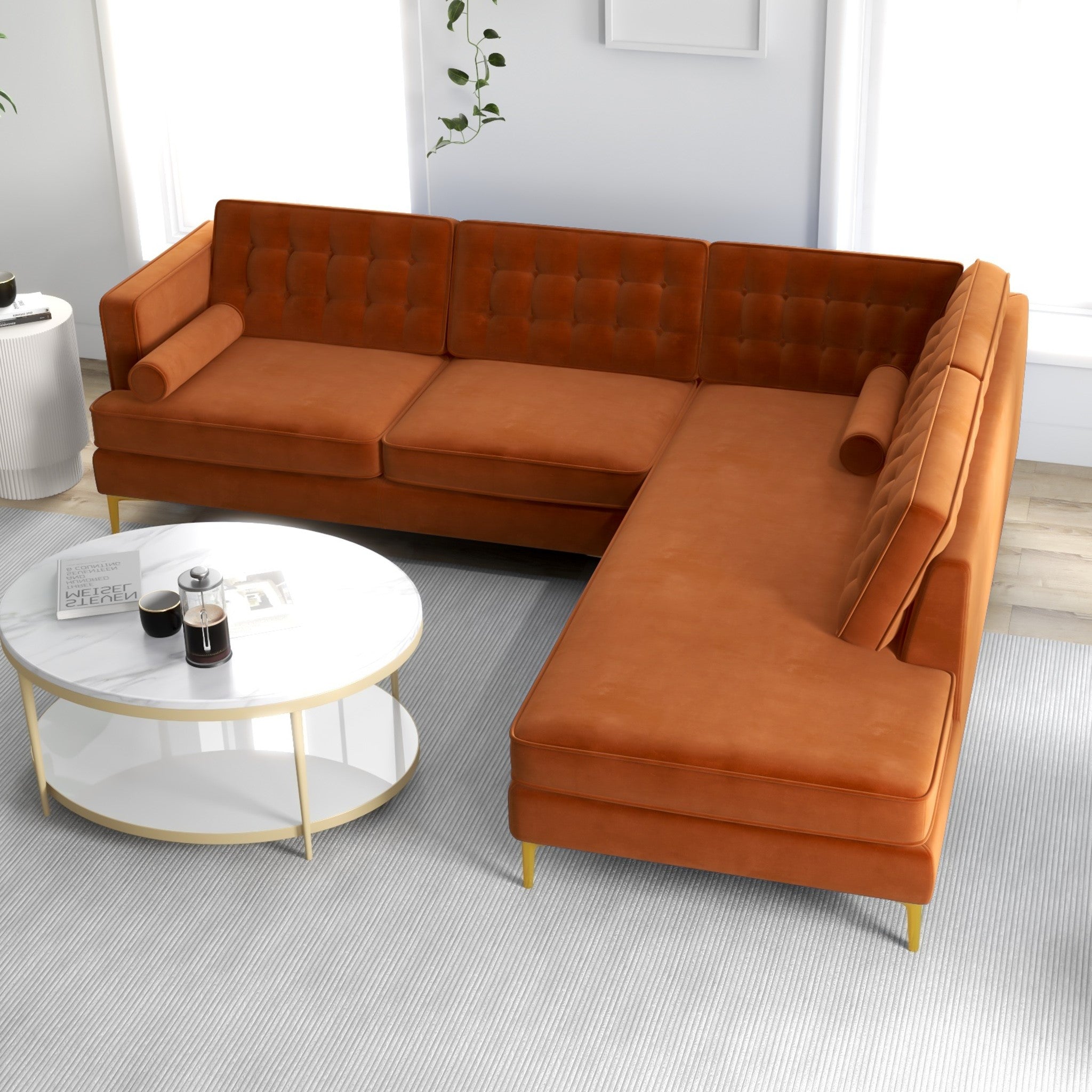 Caleb Burnt Orange Velvet Sectional Sofa Right Facing Chaise - MidinMod