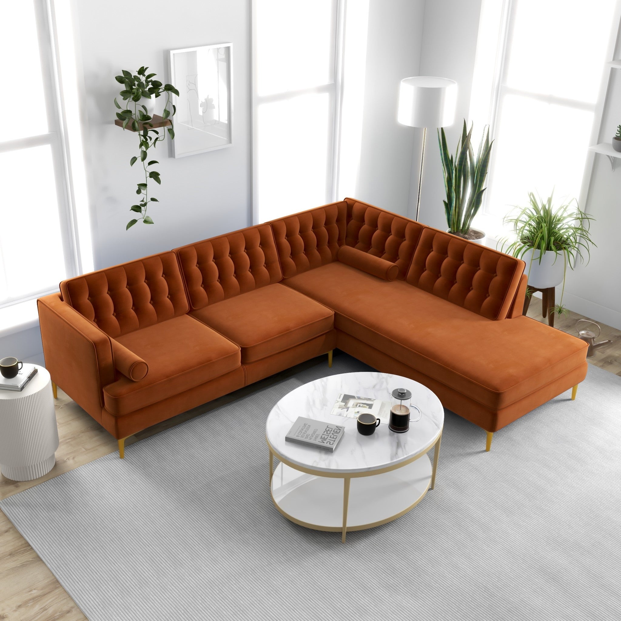 Caleb Burnt Orange Velvet Sectional Sofa Right Facing Chaise - MidinMod