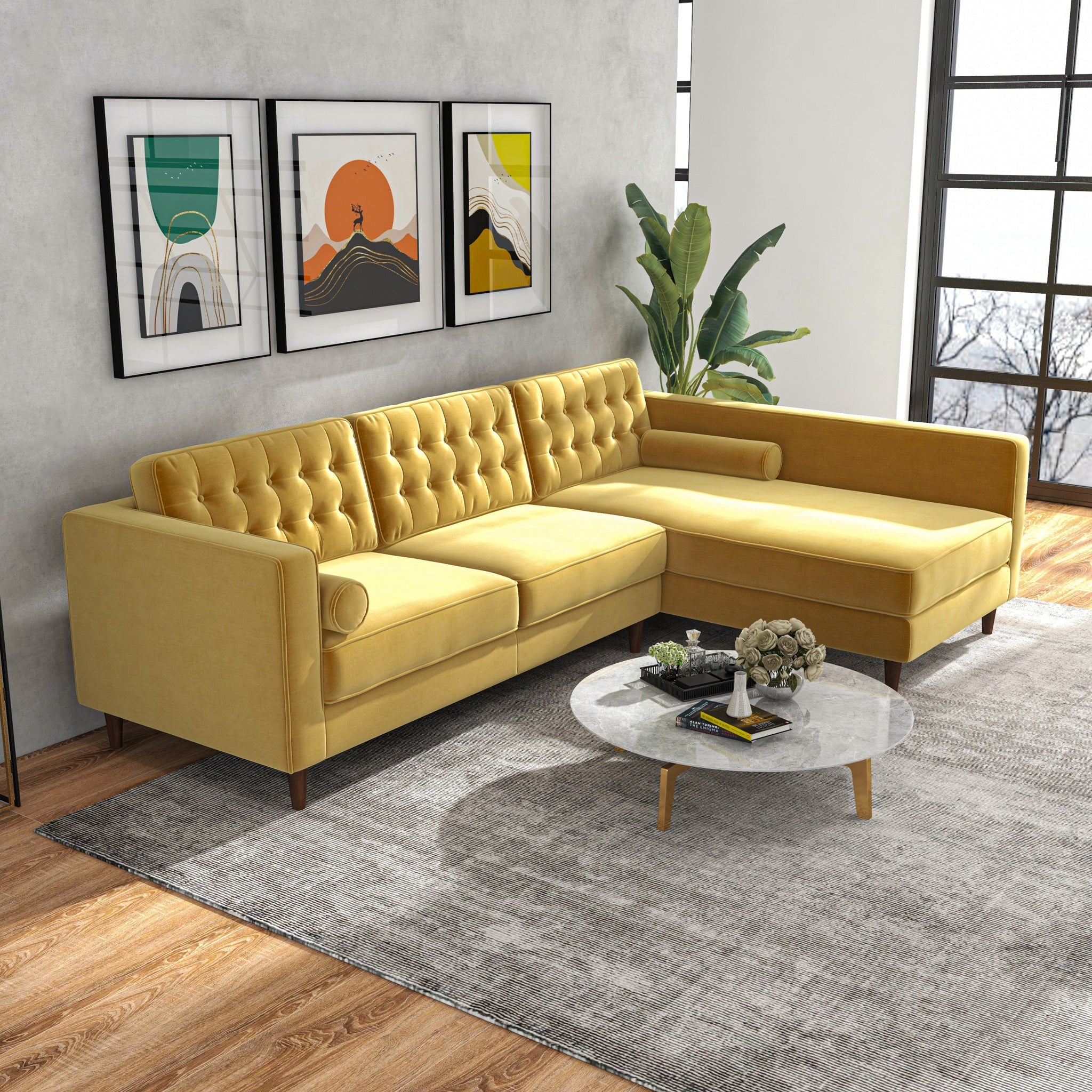 Olson Sectional Sofa Gold Velvet Right Chaise - MidinMod