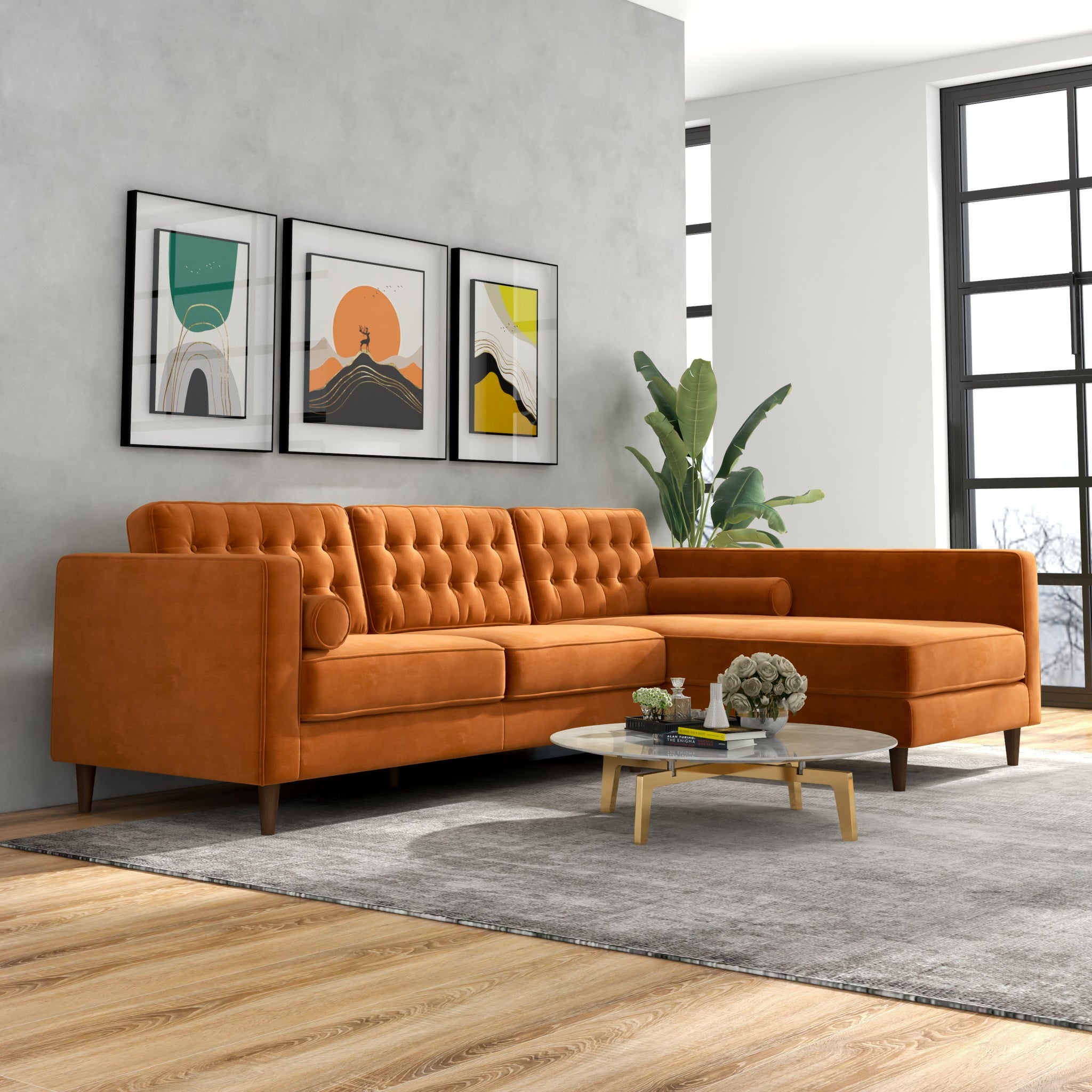 Olson Sectional Sofa Burnt Orange Velvet Right Chaise - MidinMod