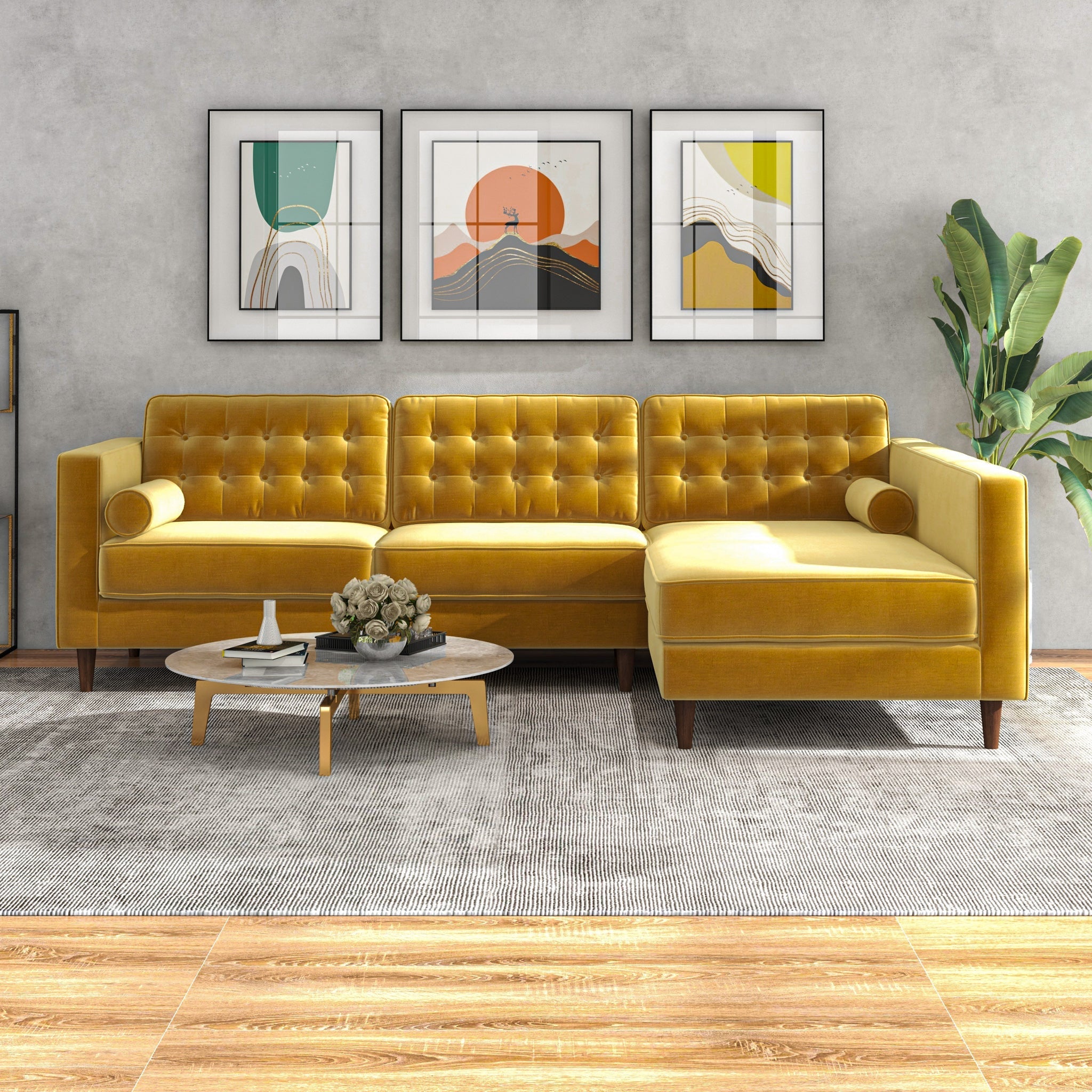 Olson Sectional Sofa Gold Velvet Right Chaise - MidinMod