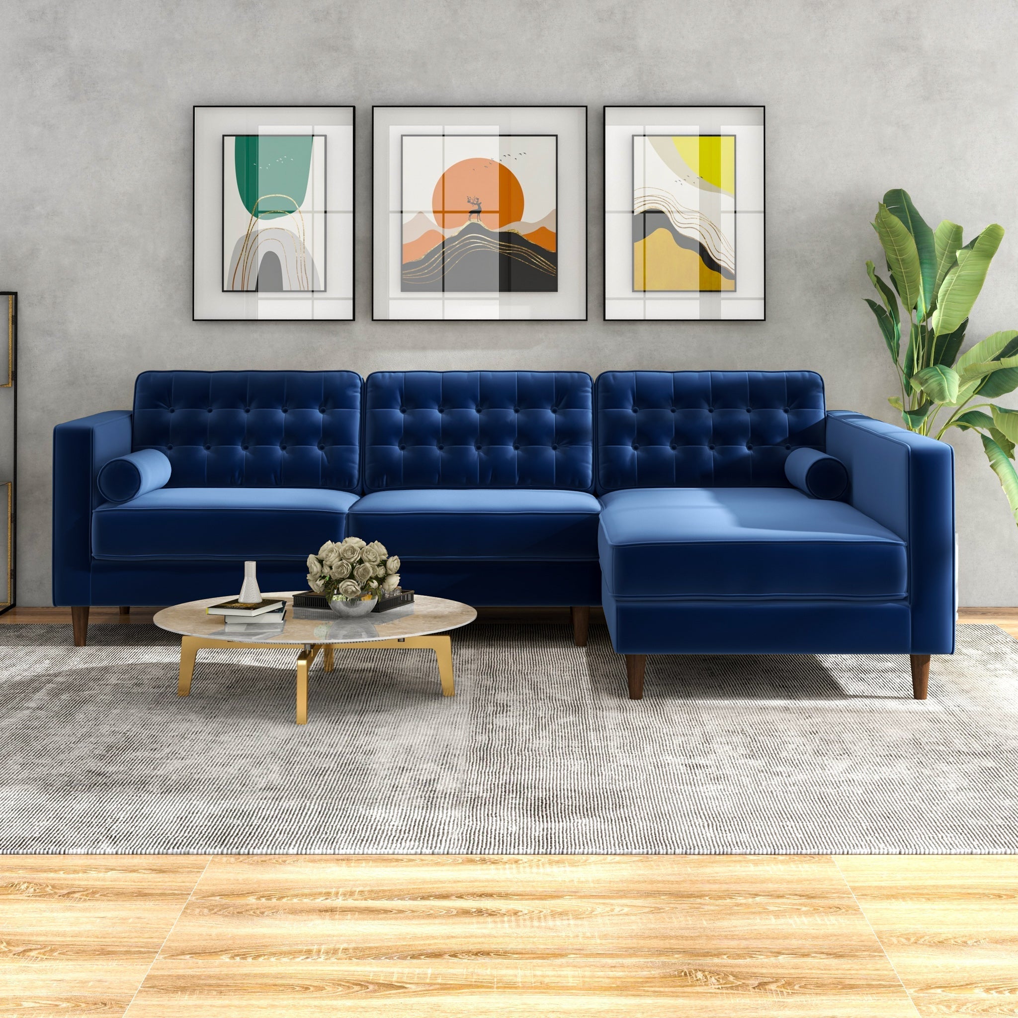 Olson Midnight Blue Velvet Sectional Sofa Right Chaise - MidinMod