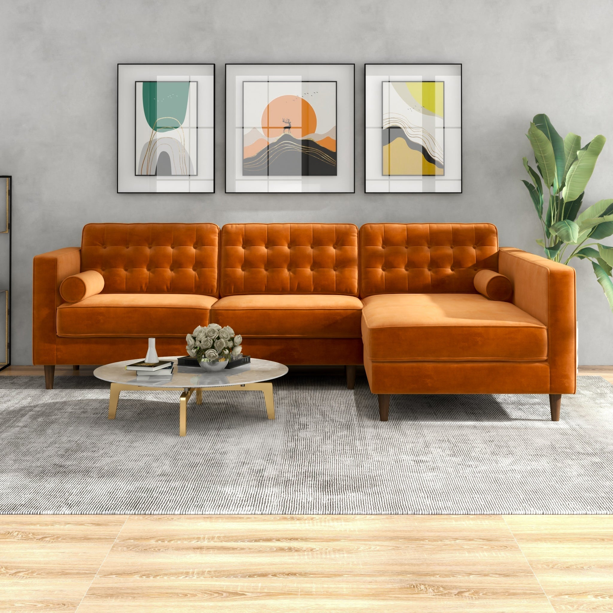 Olson Sectional Sofa Burnt Orange Velvet Right Chaise - MidinMod