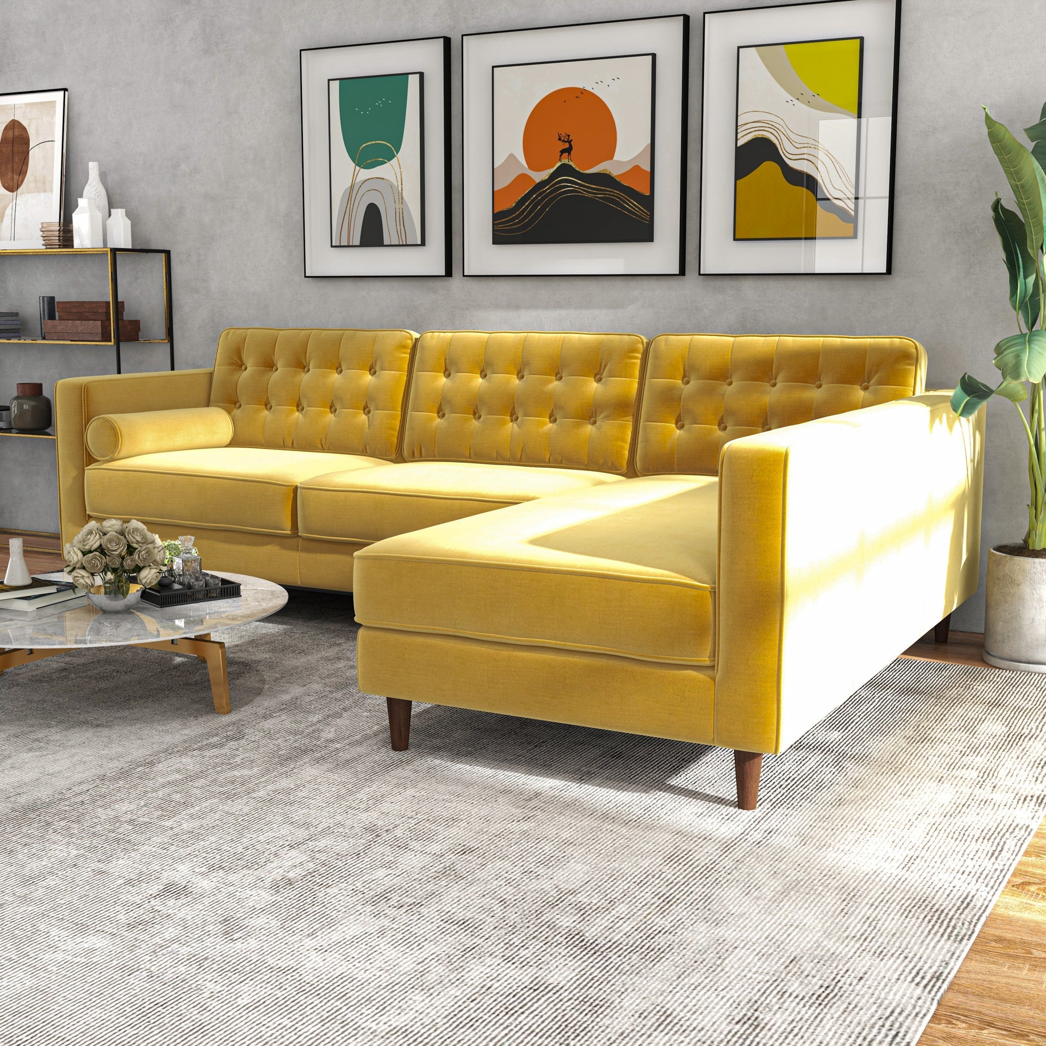 Olson Sectional Sofa Gold Velvet Right Chaise - MidinMod