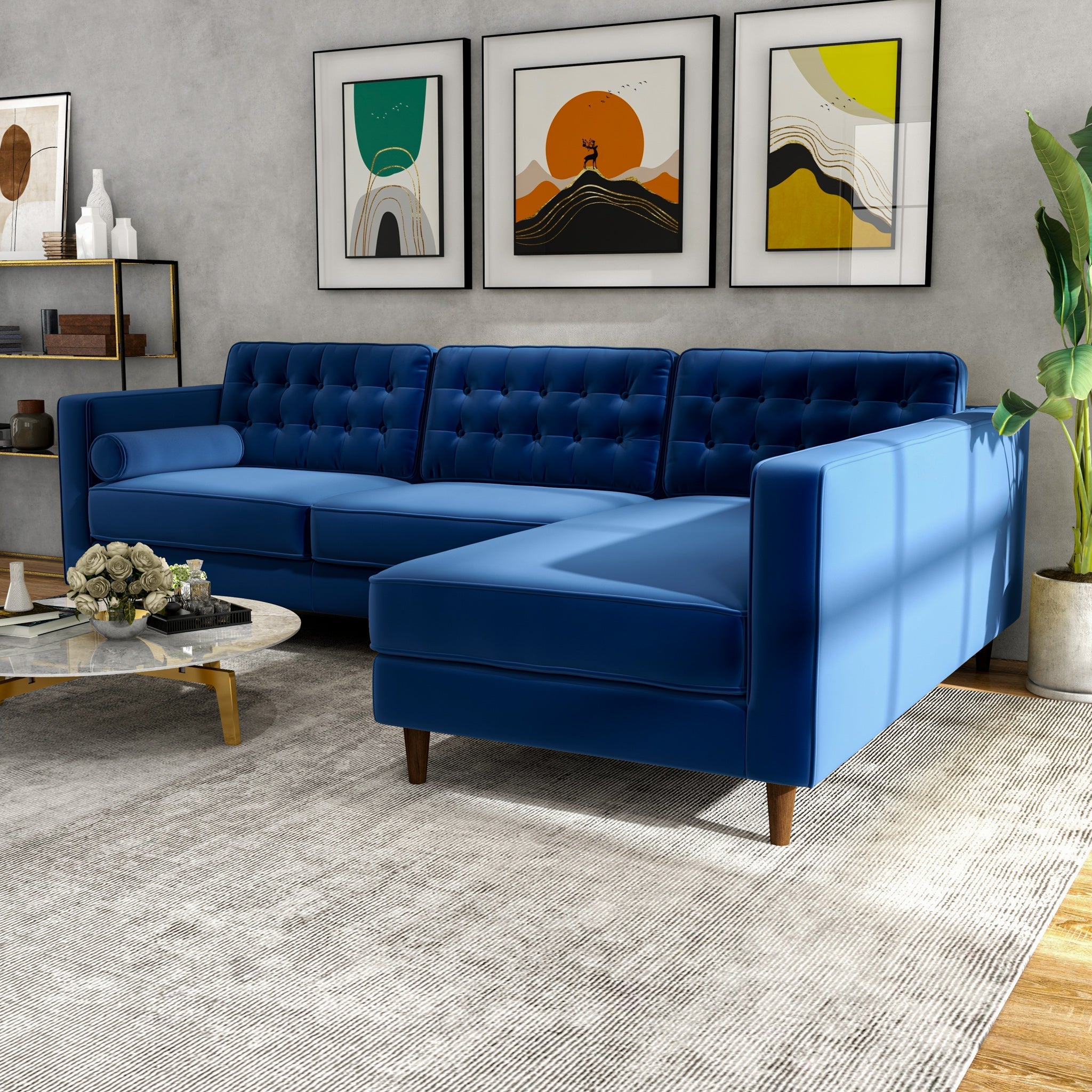 Olson Midnight Blue Velvet Sectional Sofa Right Chaise - MidinMod