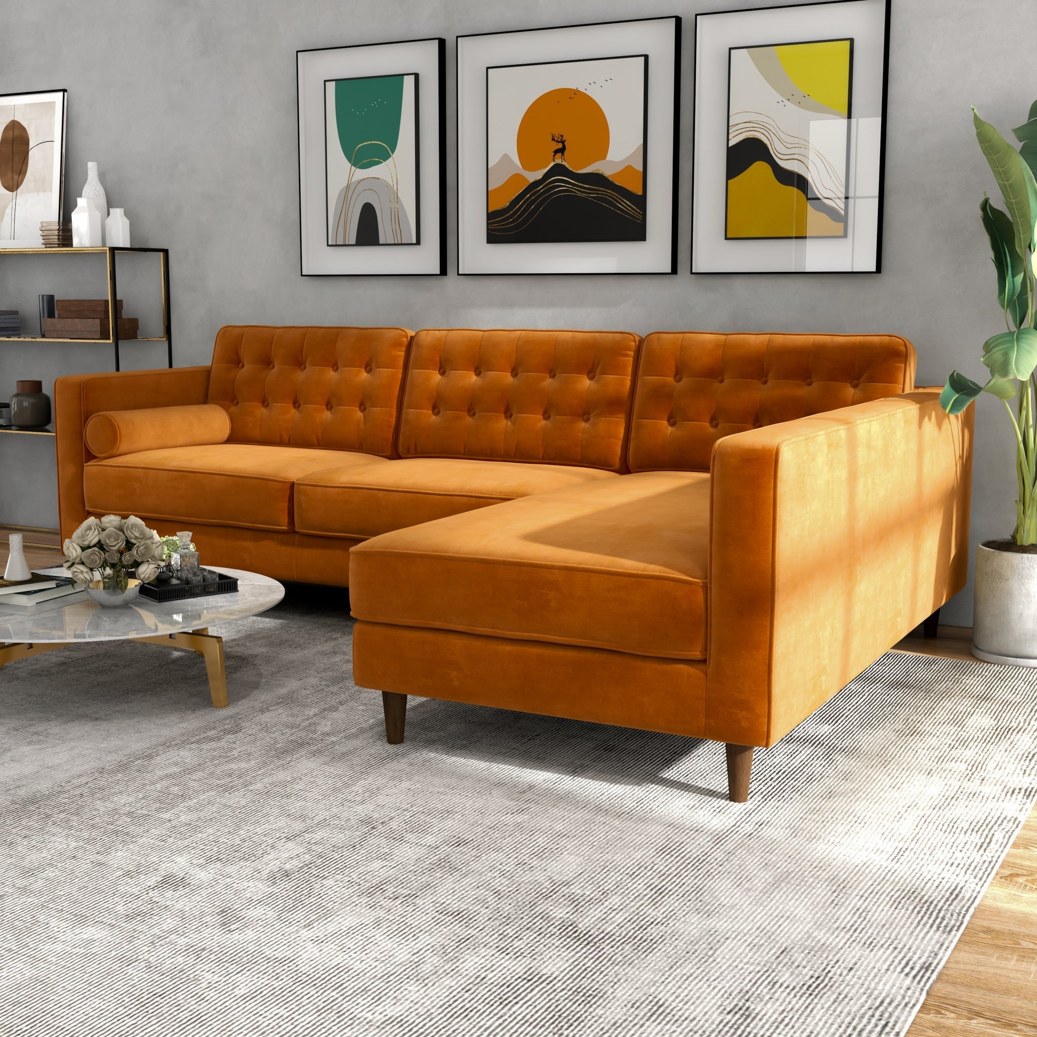 Olson Sectional Sofa Burnt Orange Velvet Right Chaise - MidinMod