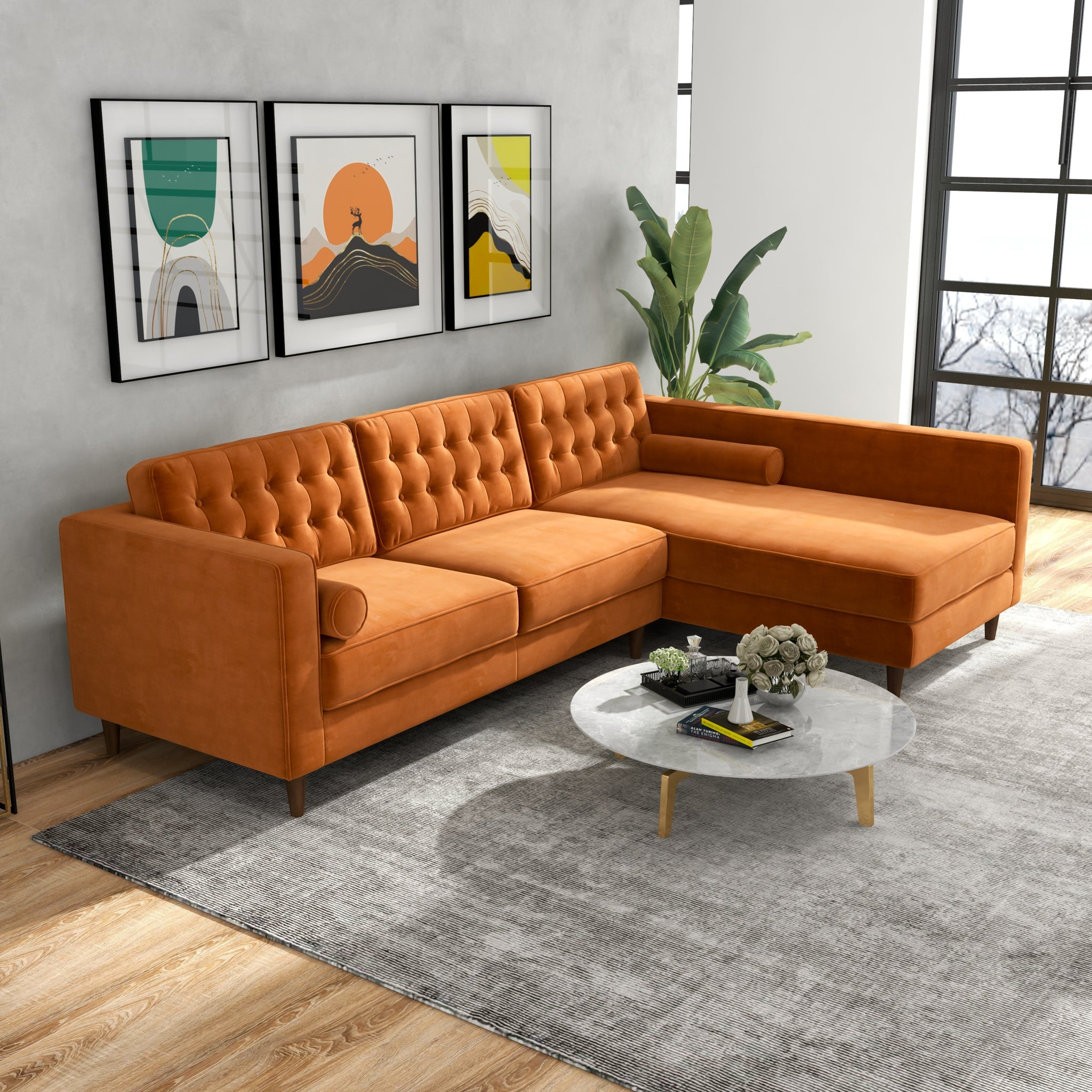 Olson Sectional Sofa Burnt Orange Velvet Right Chaise - MidinMod