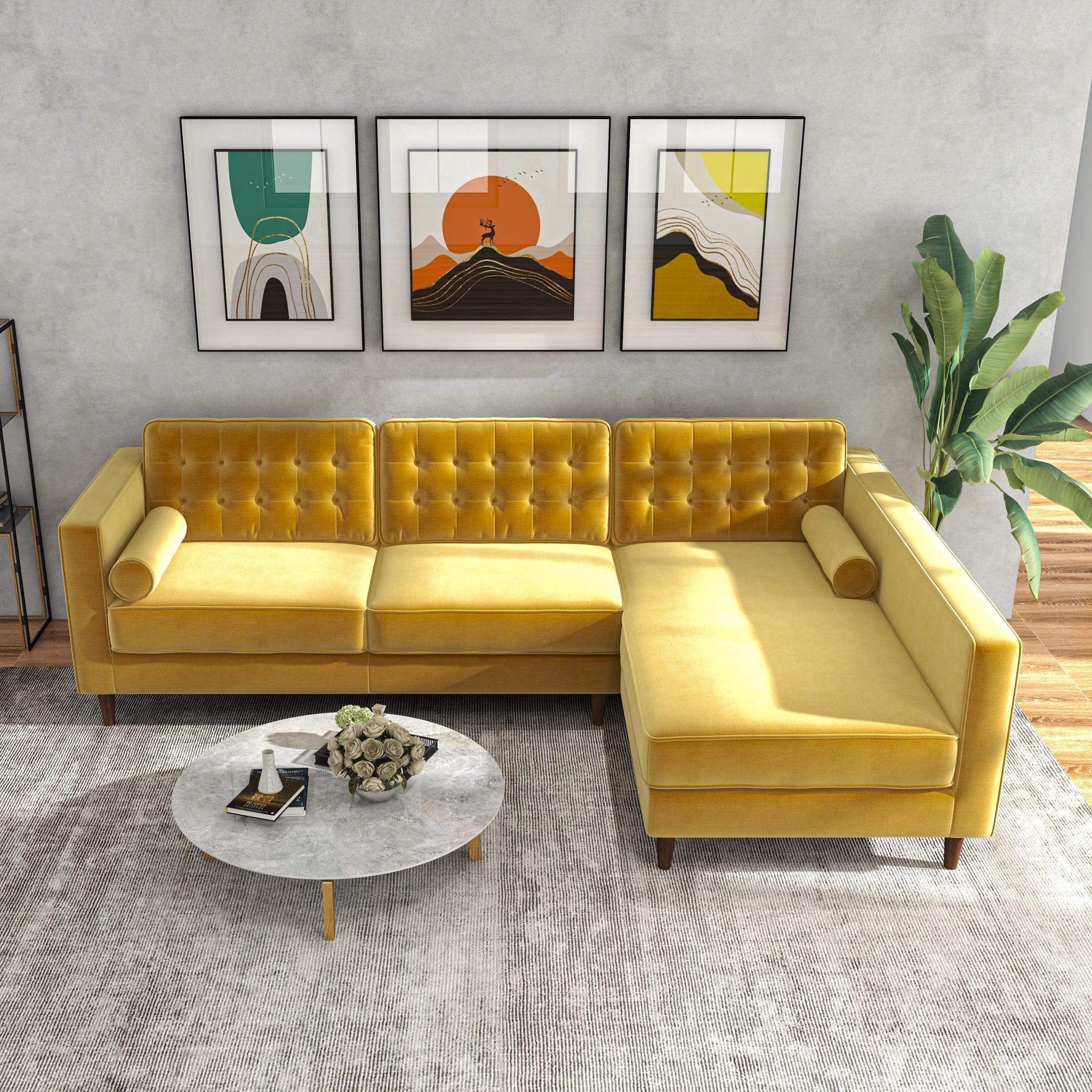 Olson Sectional Sofa Gold Velvet Right Chaise - MidinMod