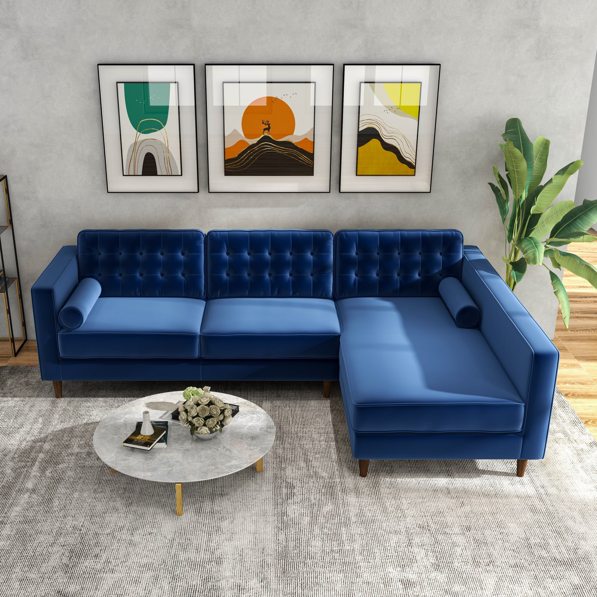 Olson Midnight Blue Velvet Sectional Sofa Right Chaise - MidinMod