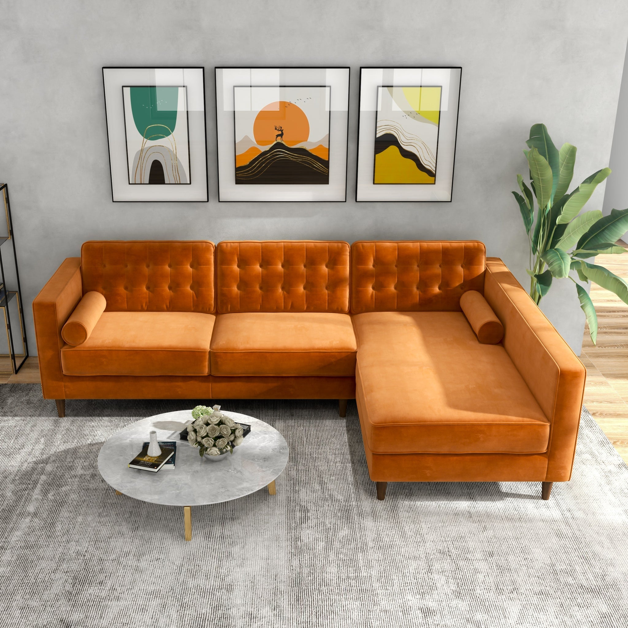 Olson Sectional Sofa Burnt Orange Velvet Right Chaise - MidinMod