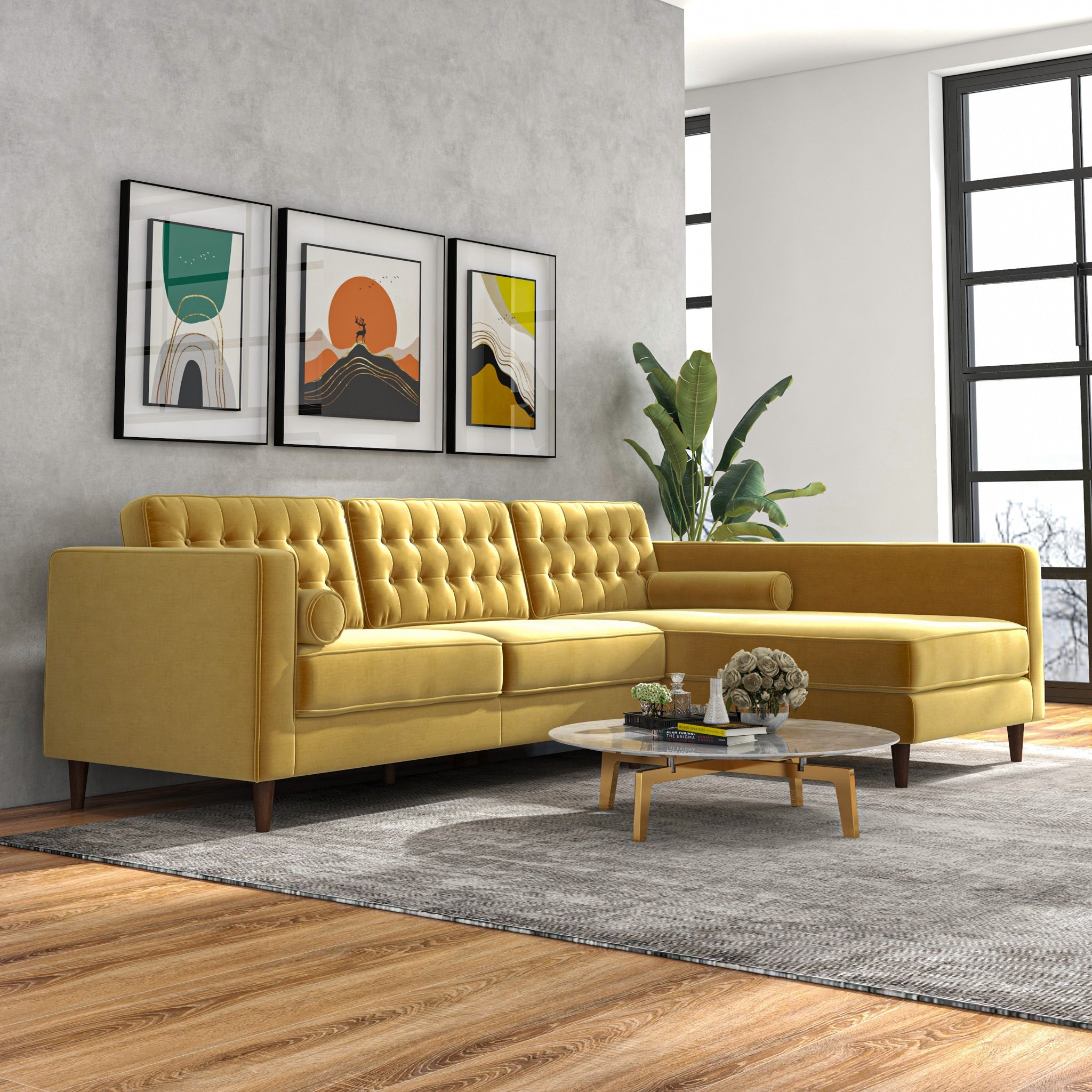 Olson Sectional Sofa Gold Velvet Right Chaise - MidinMod