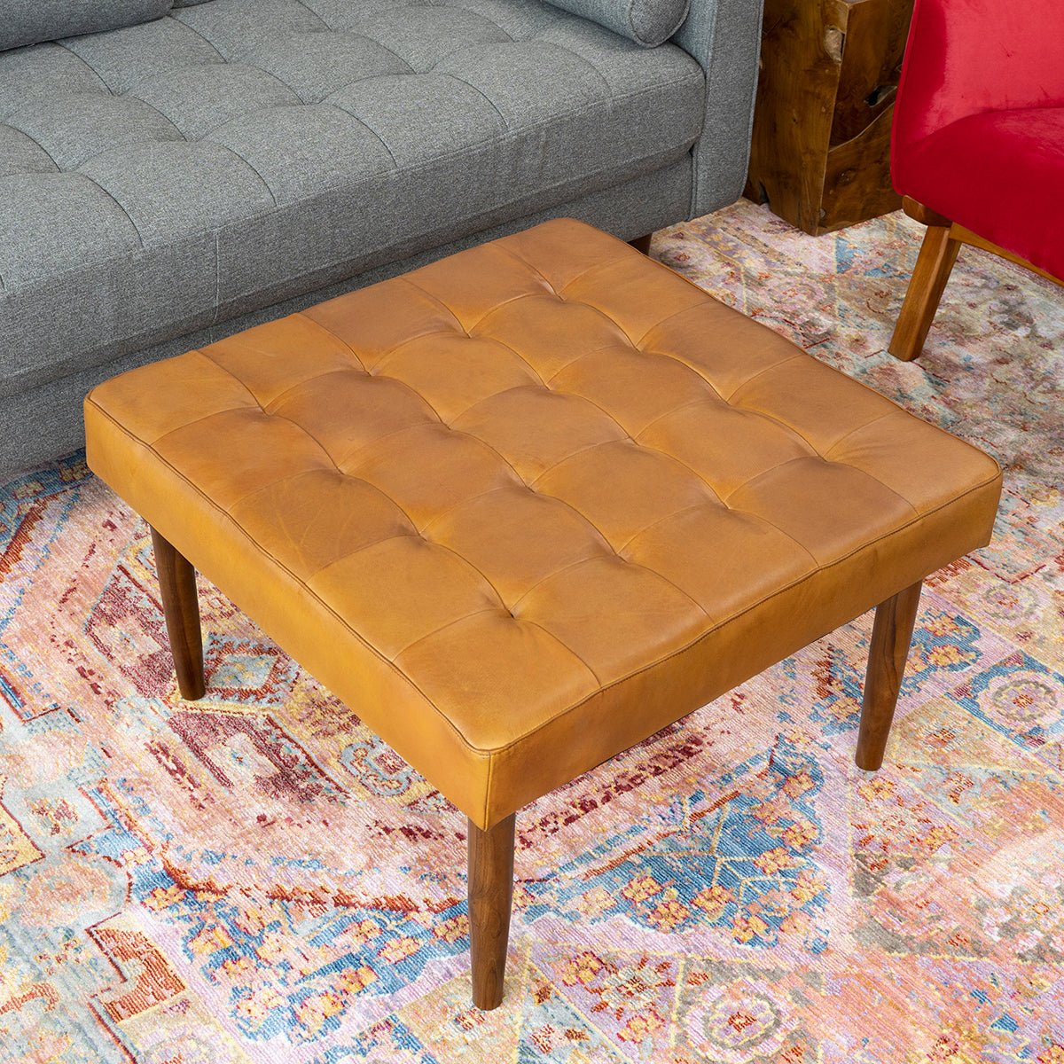 Katy Antique Tan Leather Ottoman w/o Buttons - MidinMod