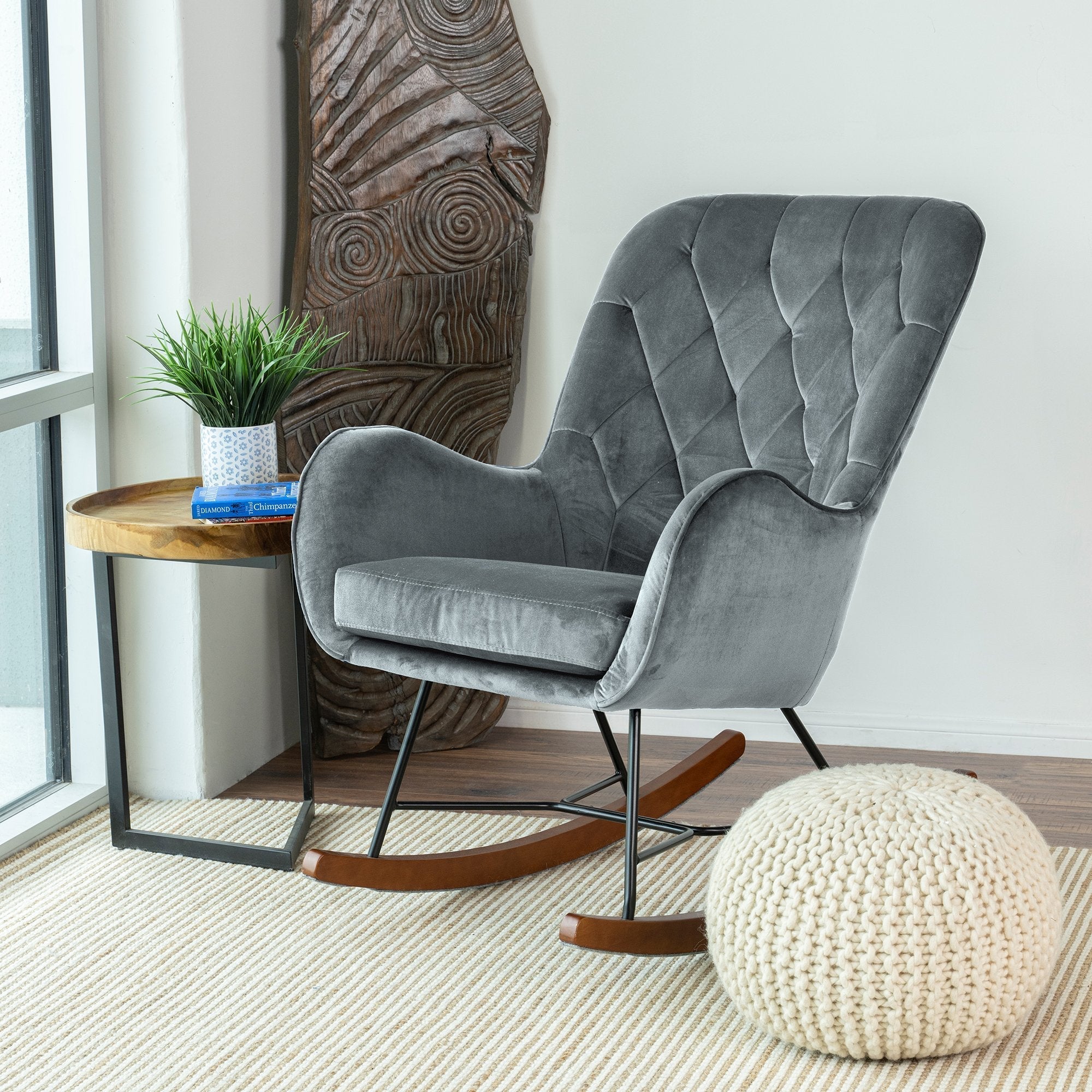 Sahara Gray Velvet Fabric Rocking Chair - MidinMod