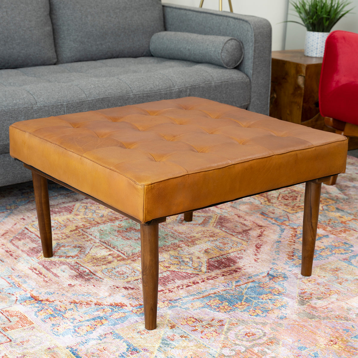 Katy Antique Tan Leather Ottoman w/o Buttons - MidinMod