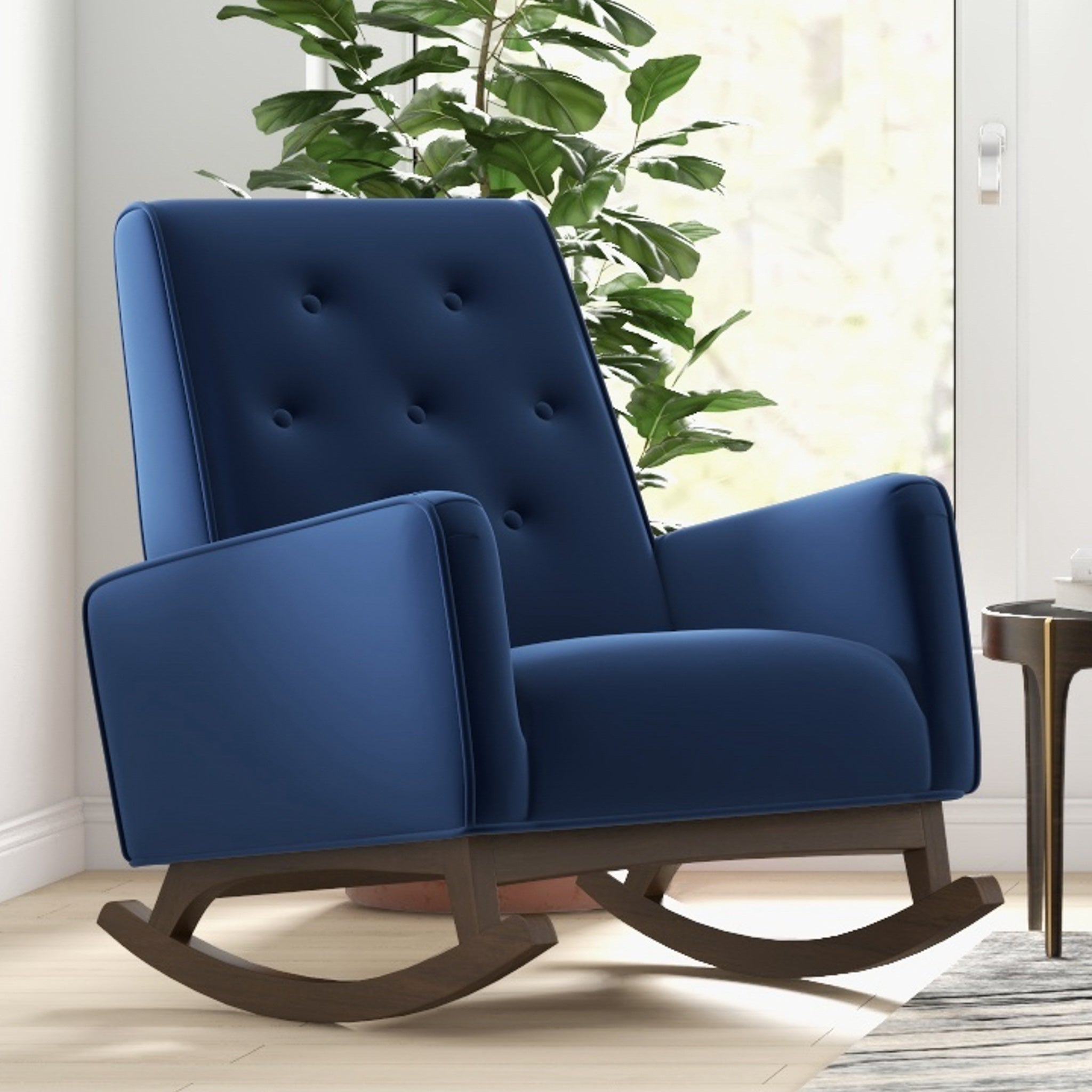 Windsor Dark Blue Velvet Fabric Rocking Chair - MidinMod