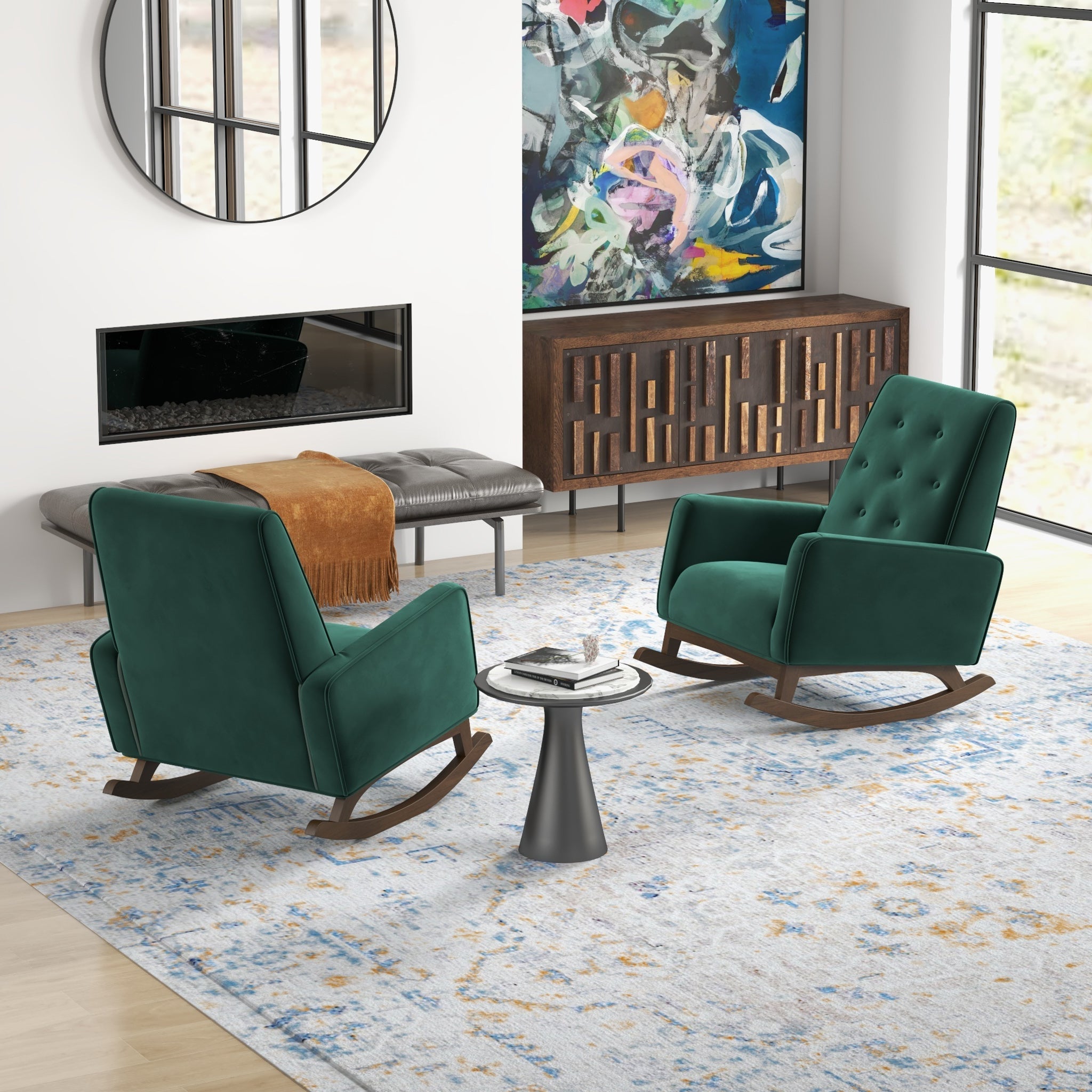 Windsor Green Velvet Fabric Rocking Chair - MidinMod