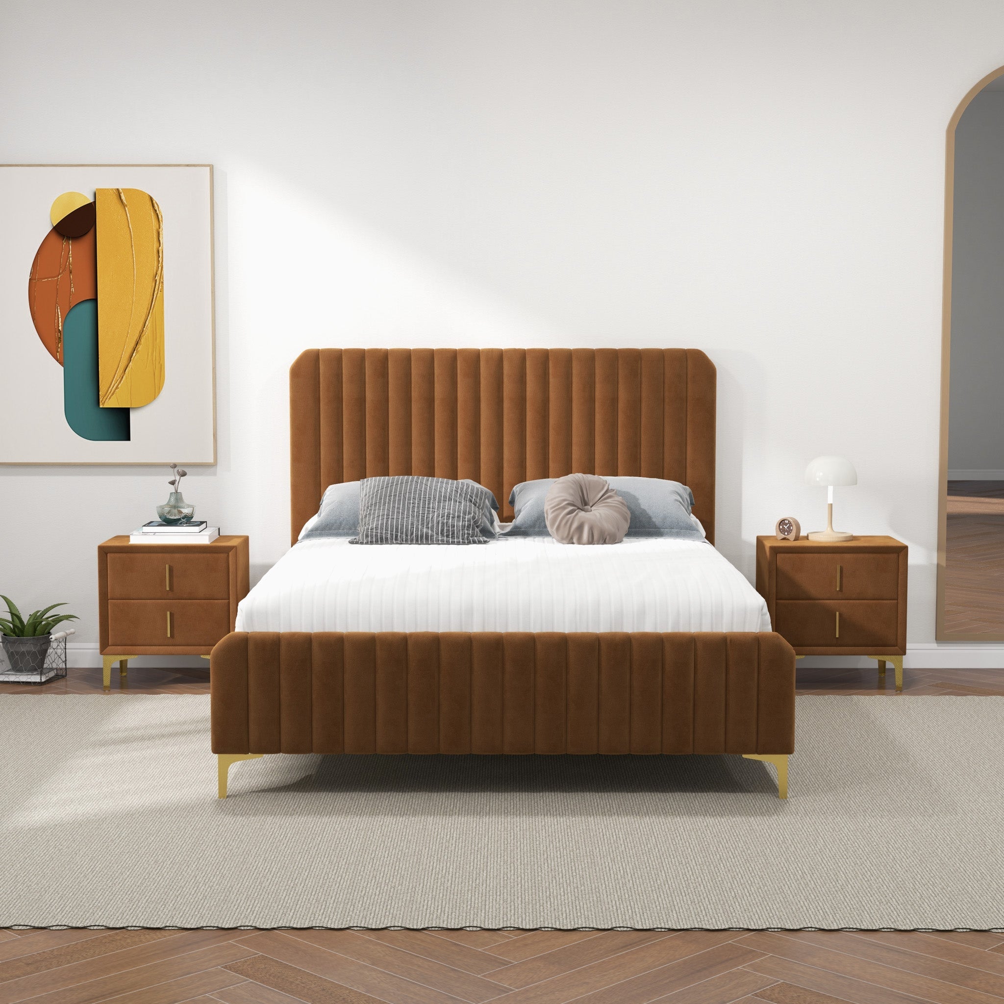 Angela Queen Cognac Velvet Platform Bed - MidinMod