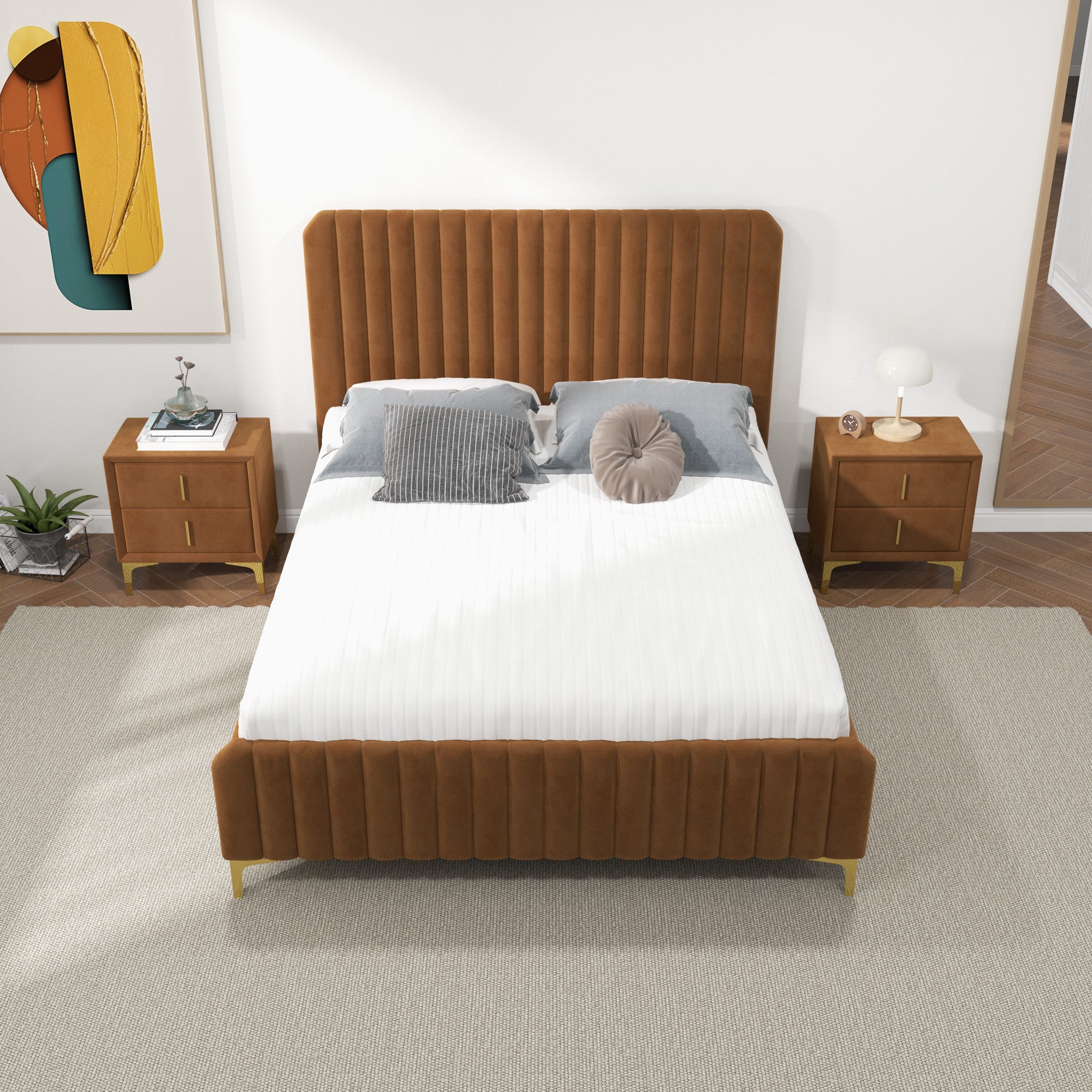 Angela Queen Cognac Velvet Platform Bed - MidinMod