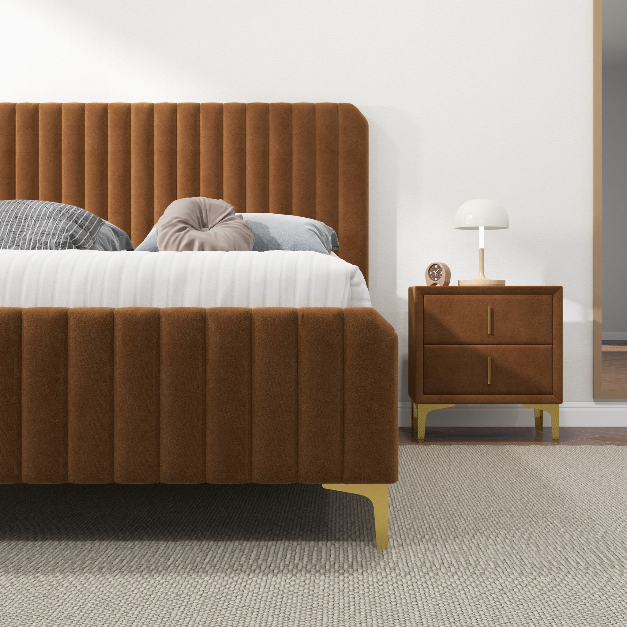 Angela Queen Cognac Velvet Platform Bed - MidinMod