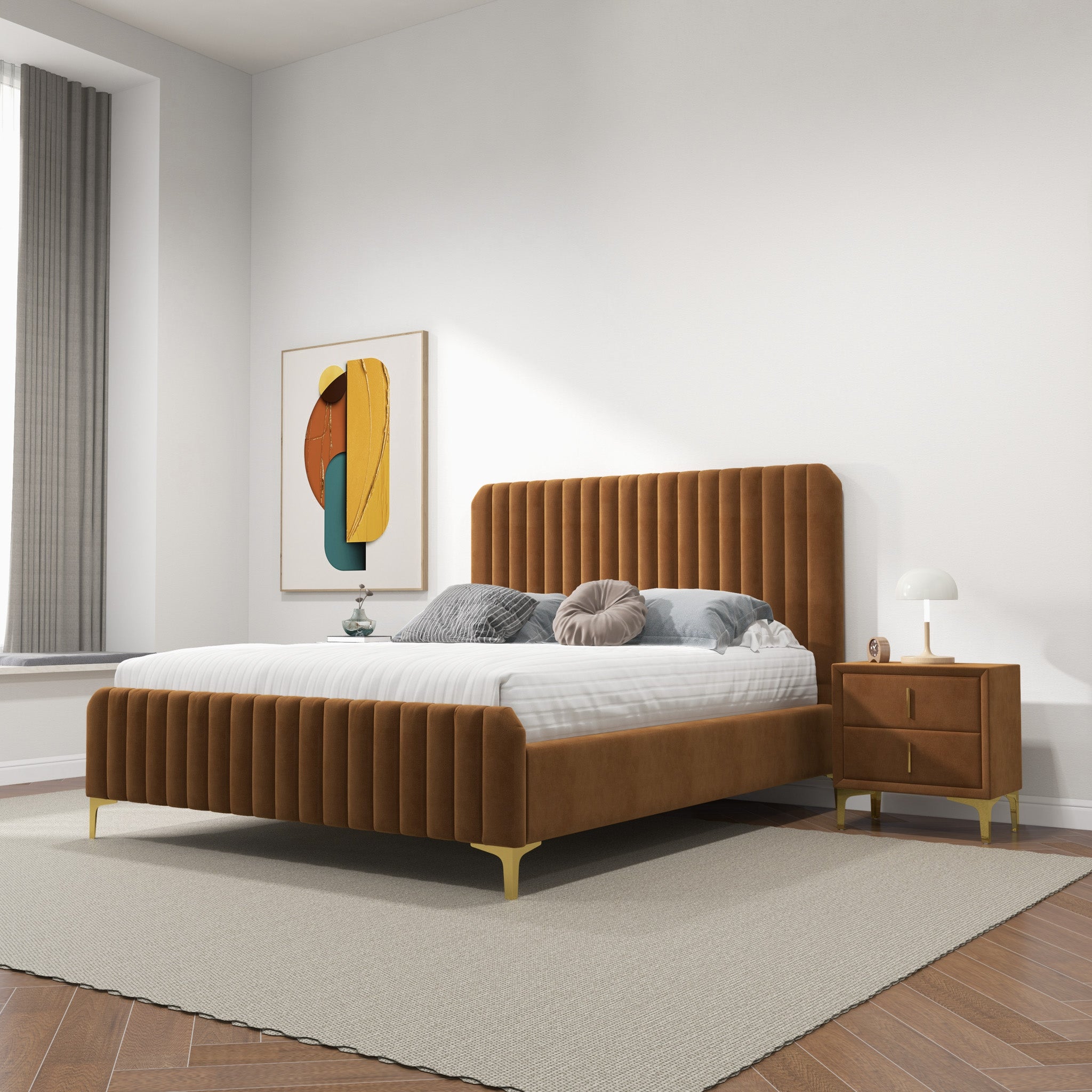 Angela Queen Cognac Velvet Platform Bed - MidinMod