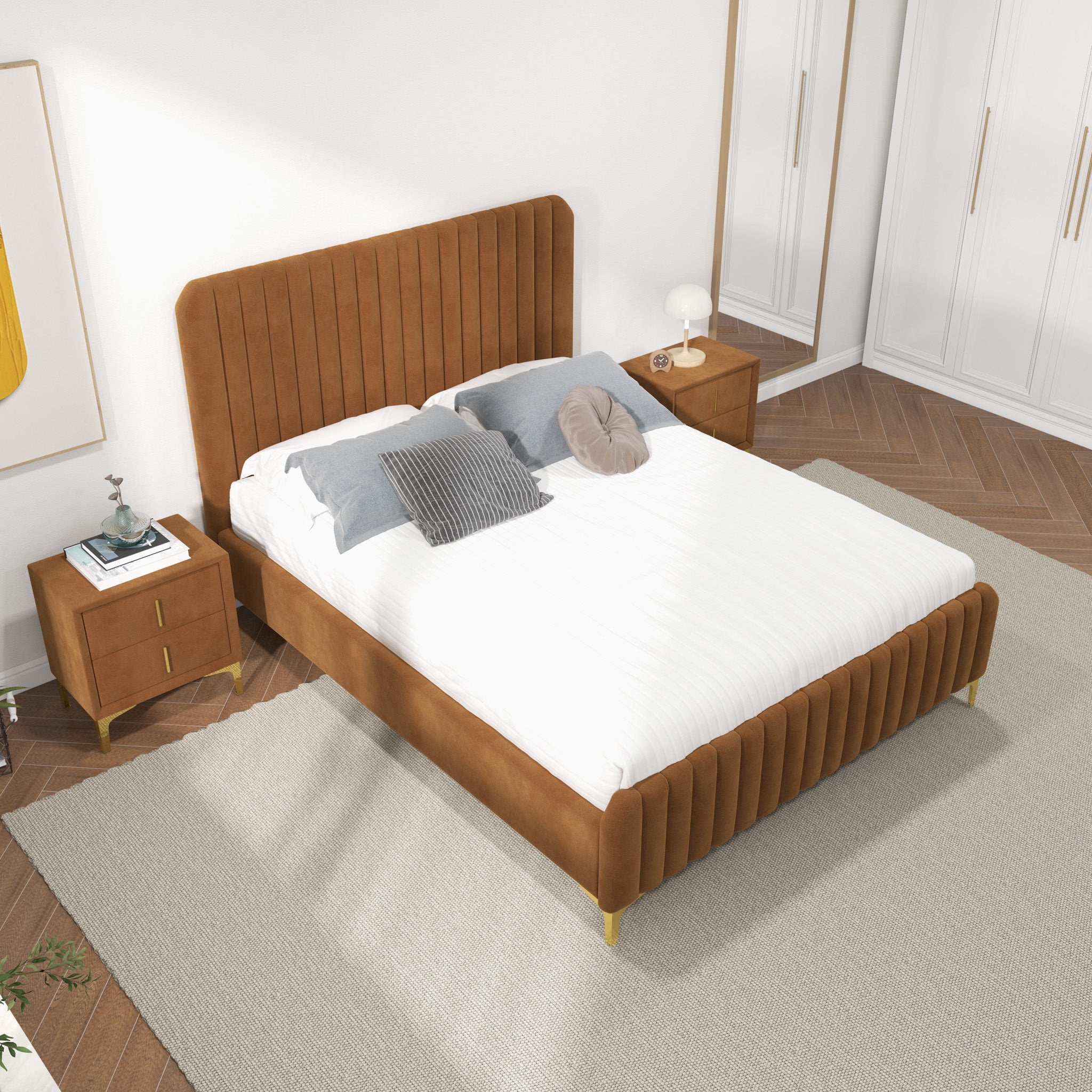 Angela Queen Cognac Velvet Platform Bed - MidinMod