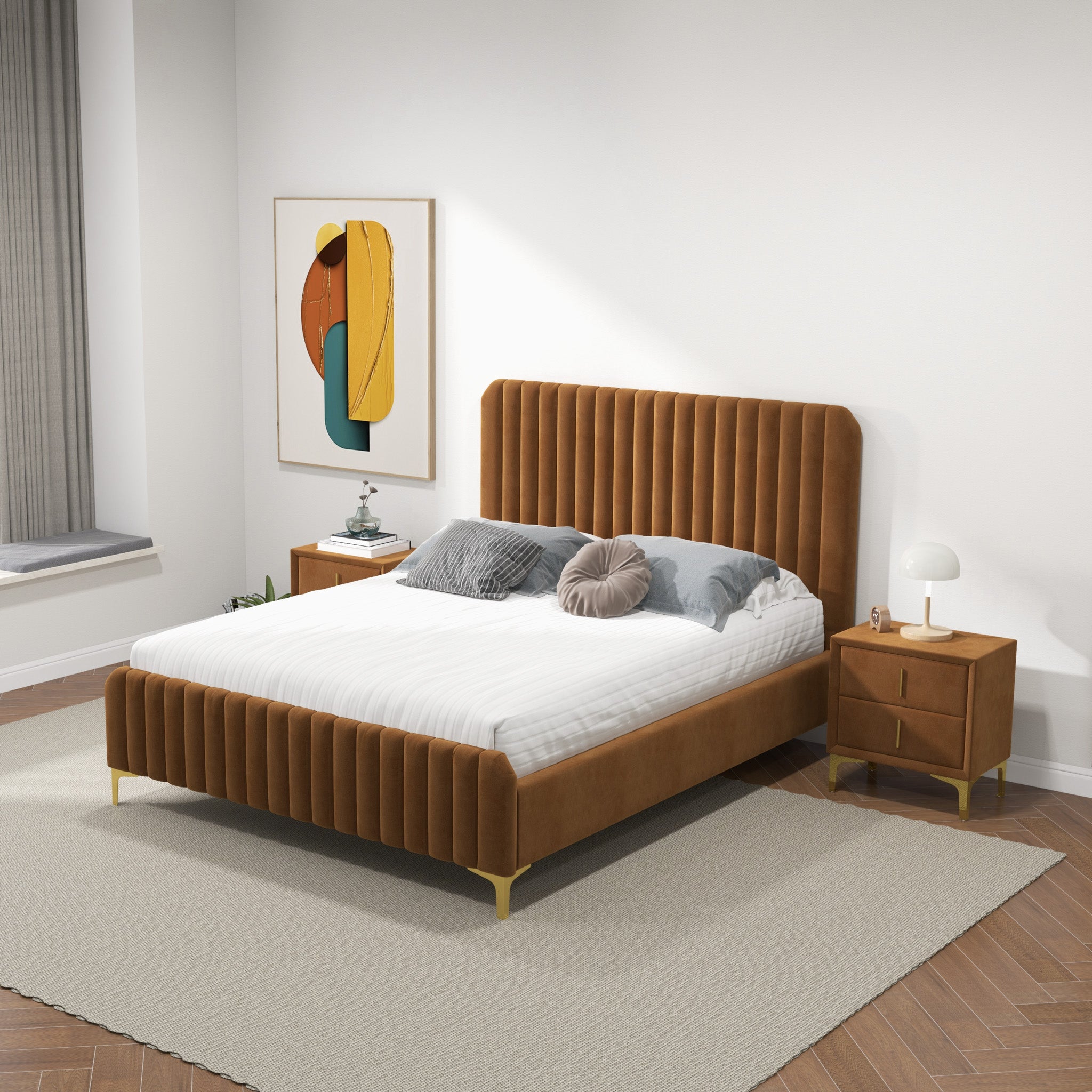 Angela Queen Cognac Velvet Platform Bed - MidinMod