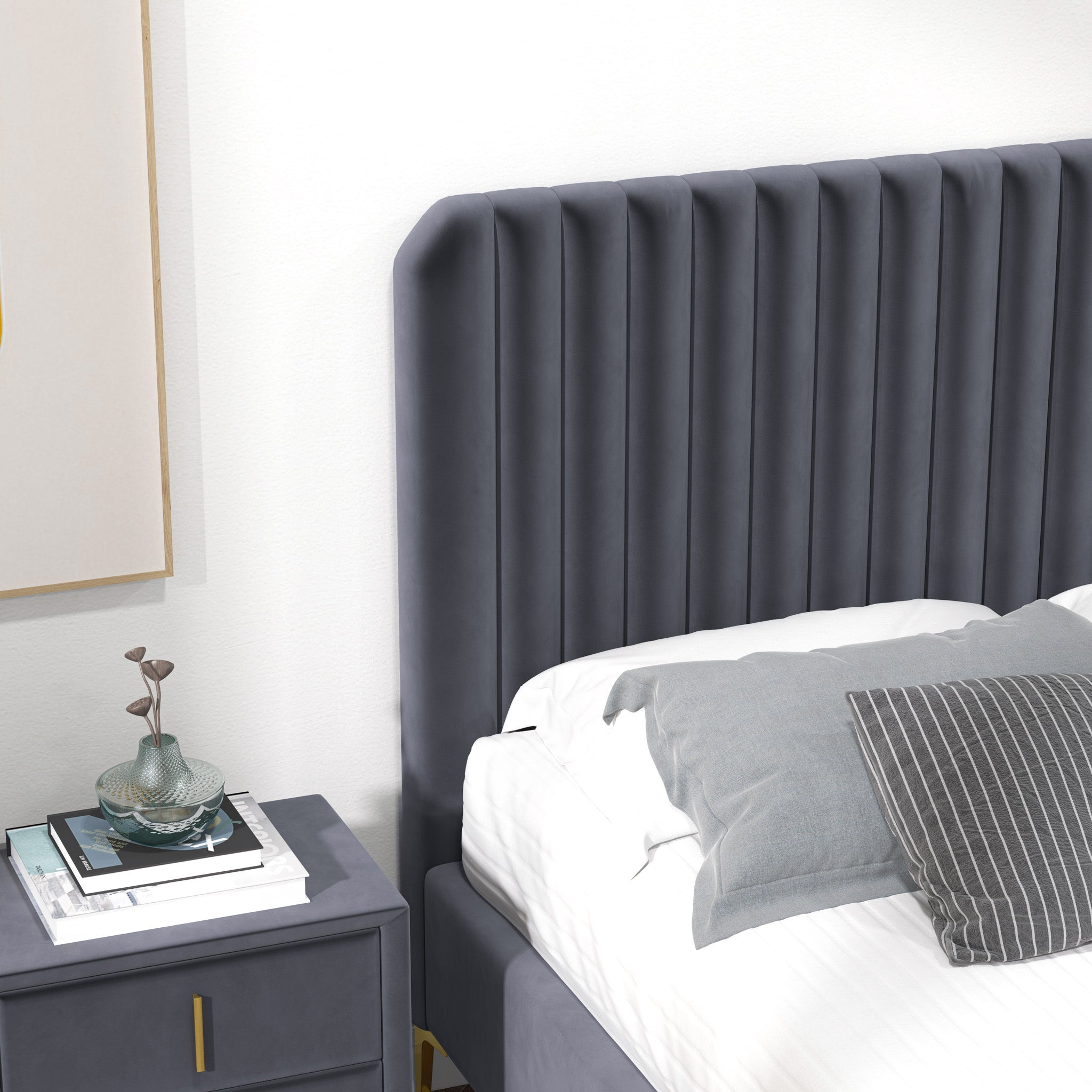 Angela Queen Grey Velvet Platform Bed - MidinMod