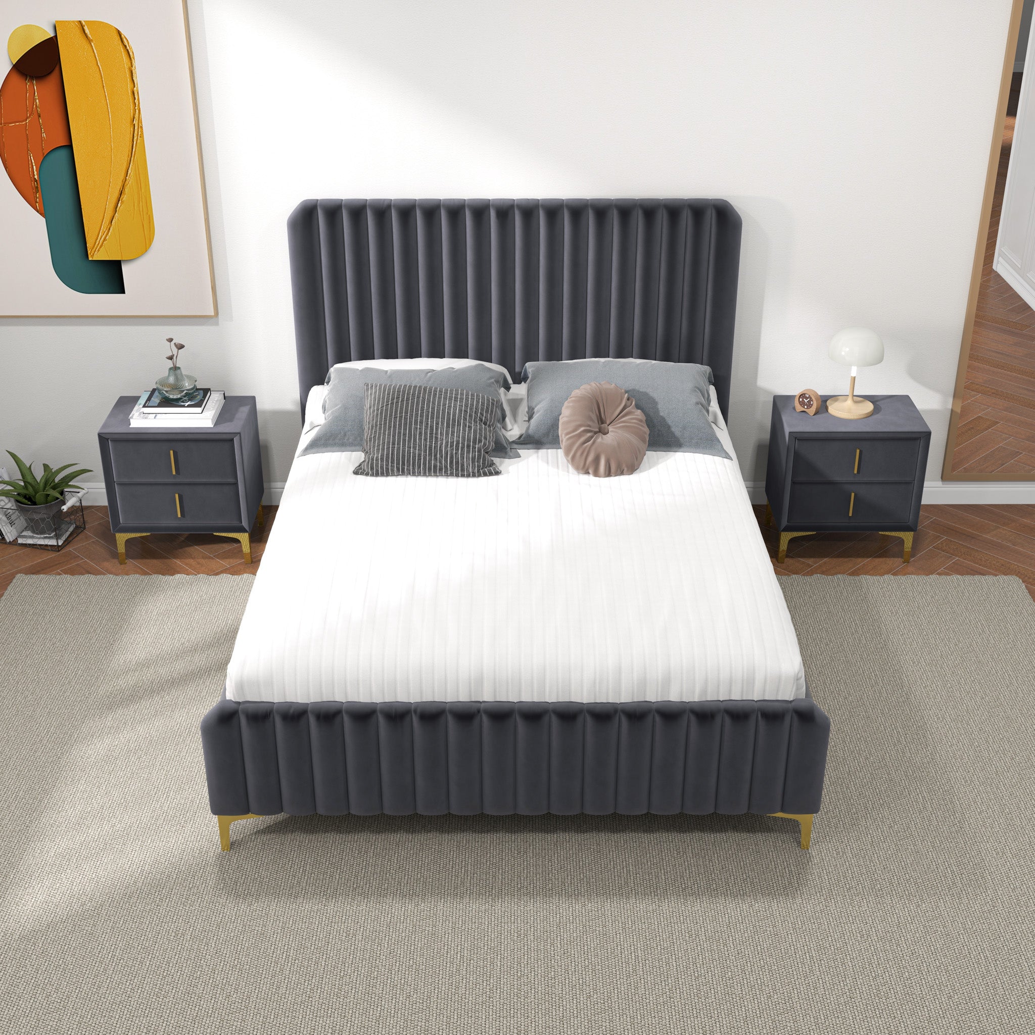 Angela Queen Grey Velvet Platform Bed - MidinMod