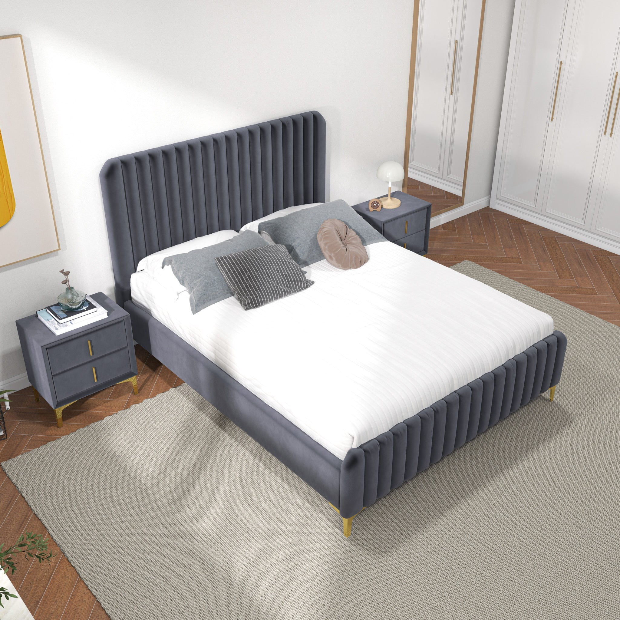 Angela Queen Grey Velvet Platform Bed - MidinMod