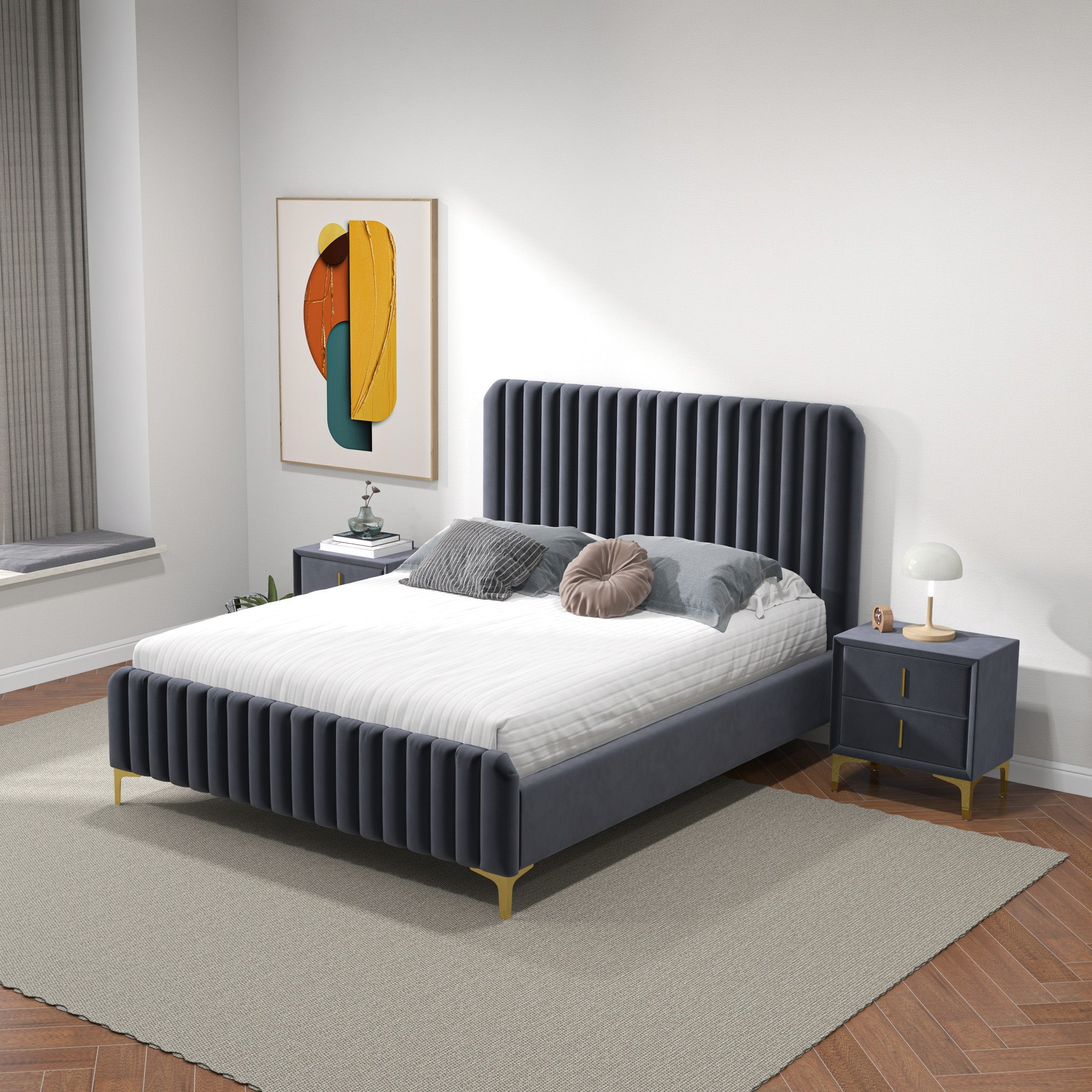 Angela Queen Grey Velvet Platform Bed - MidinMod